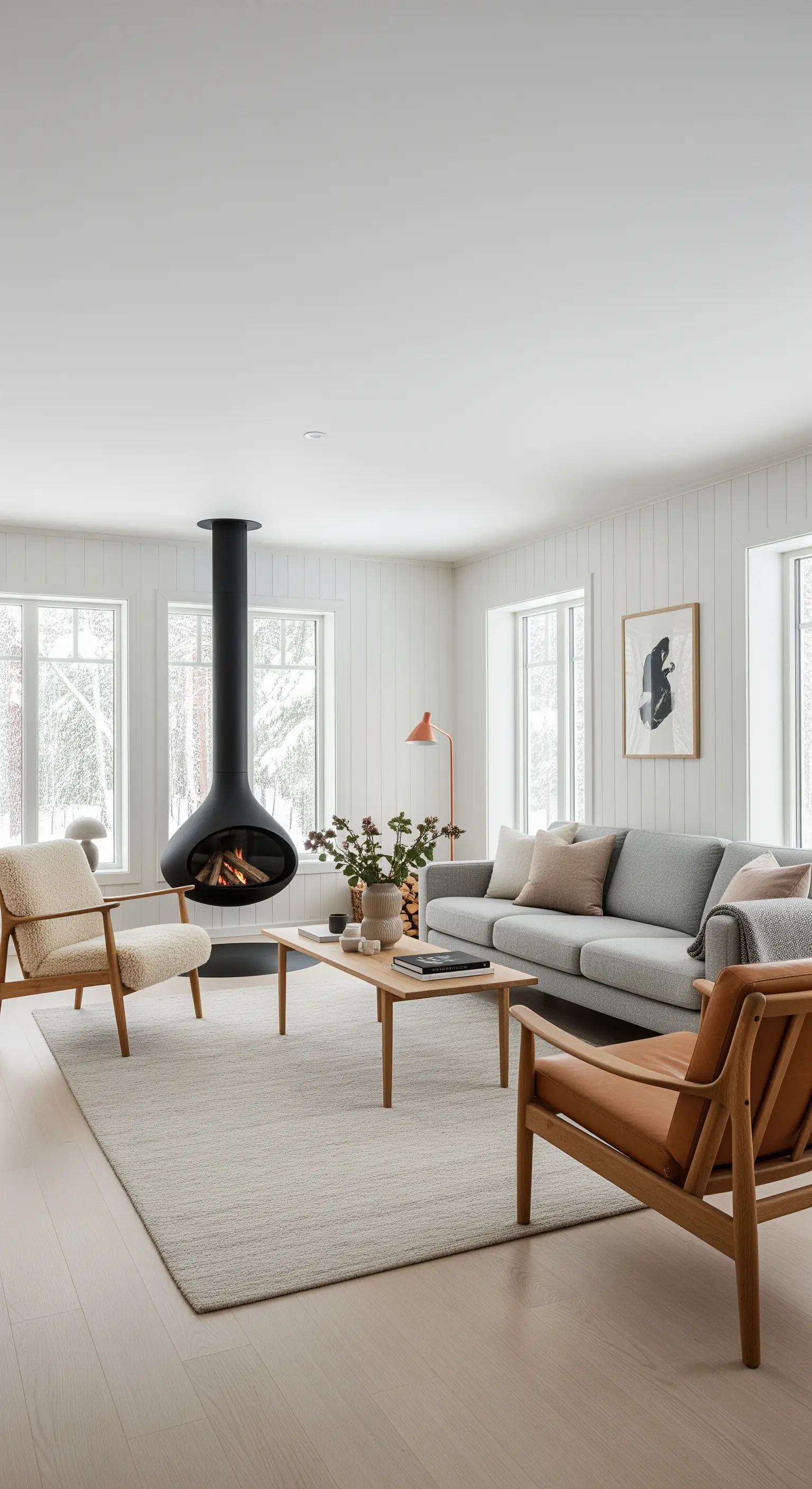 Skandinavisches Wohnzimmer mit hängendem Kamin, hellen Holzmöbeln und Winterblick.