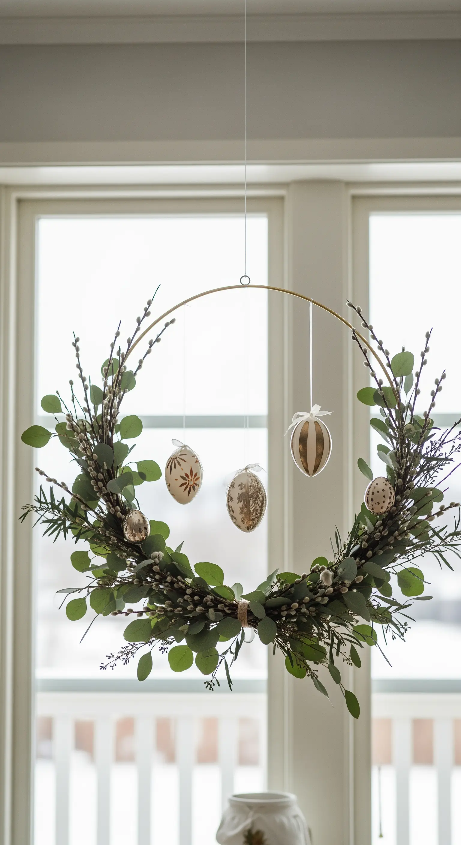 Moderner Osterkranz aus einem Metallring mit Eukalyptus, Weidenkätzchen und hängenden Eiern.