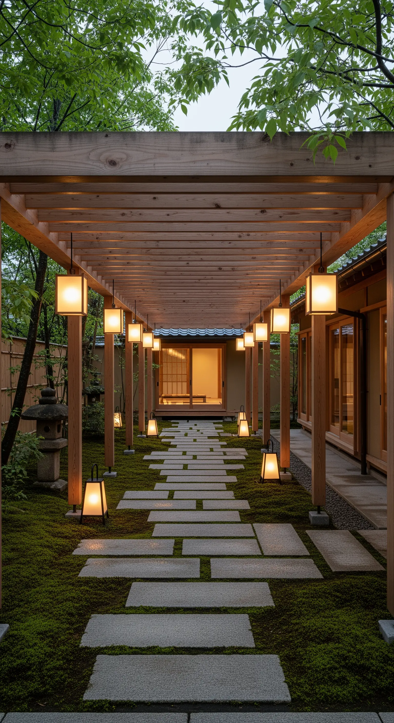 Ein von einer Holzpergola überdachter Weg, beleuchtet durch hängende und stehende quadratische Laternen.