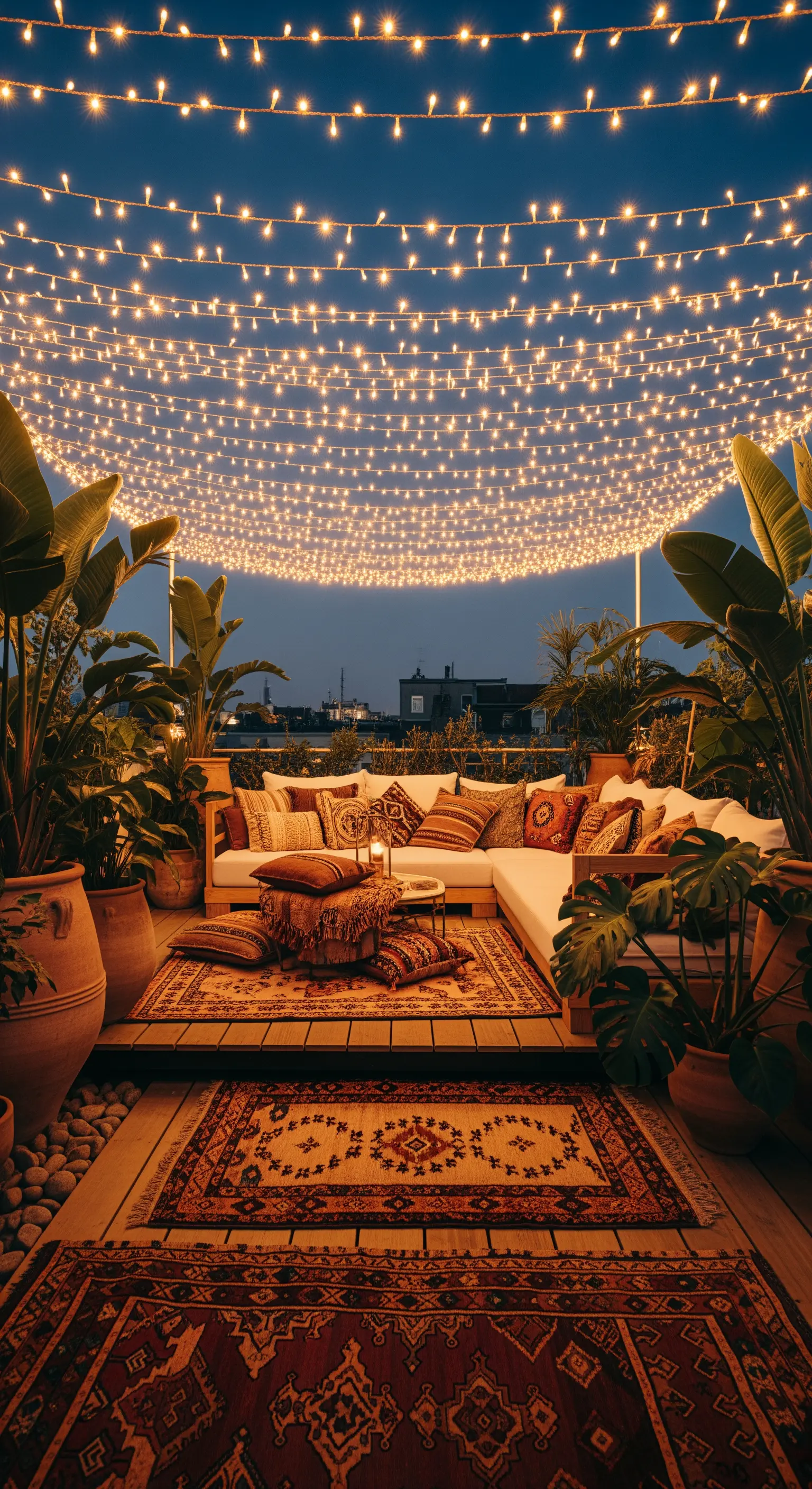 Dachterrasse mit einem dichten Dach aus Lichterketten über einer Boho-Lounge-Ecke.