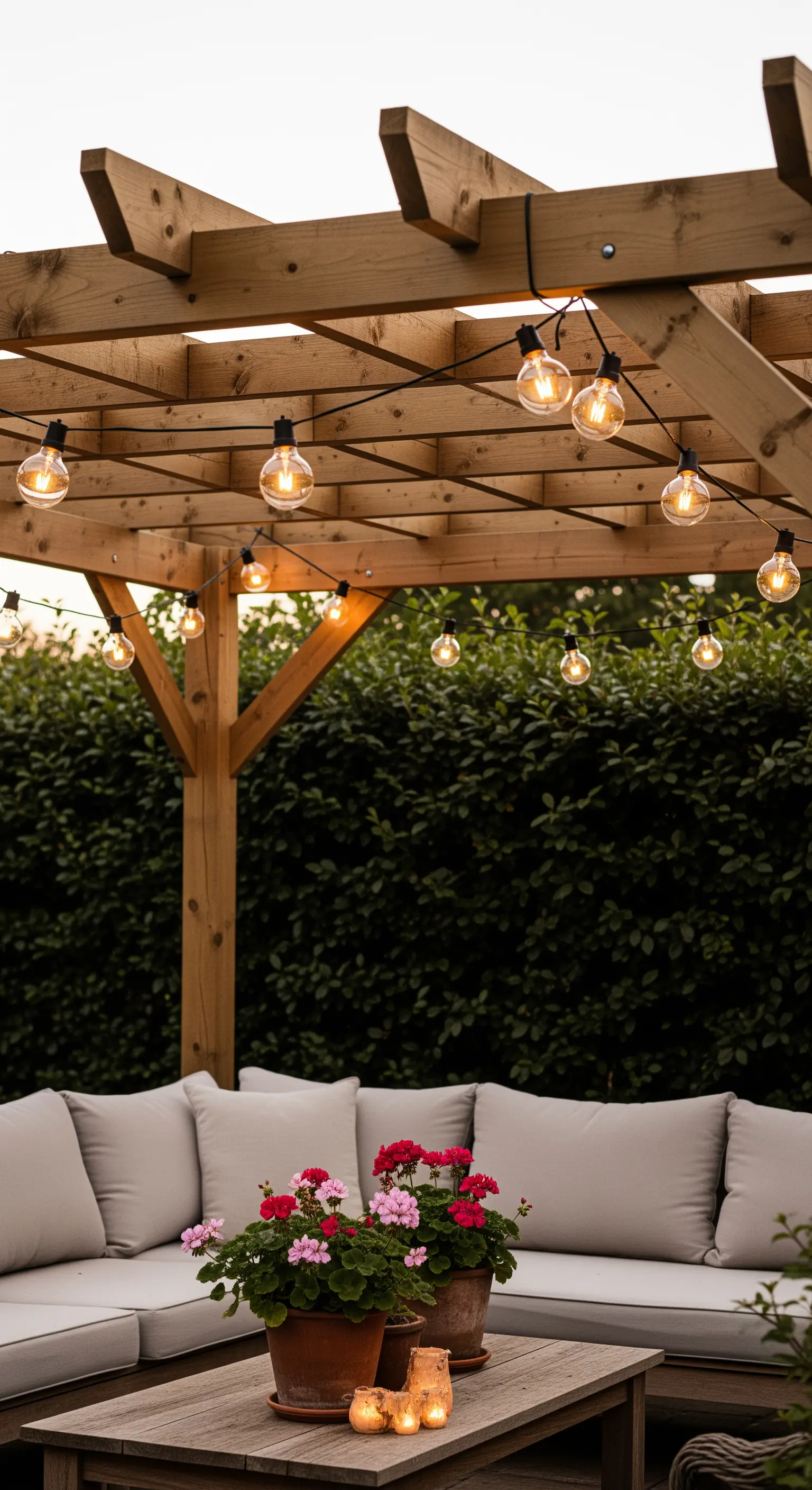 Lichterketten mit großen Glühbirnen über einer Holzpergola und gemütlicher Lounge-Ecke.