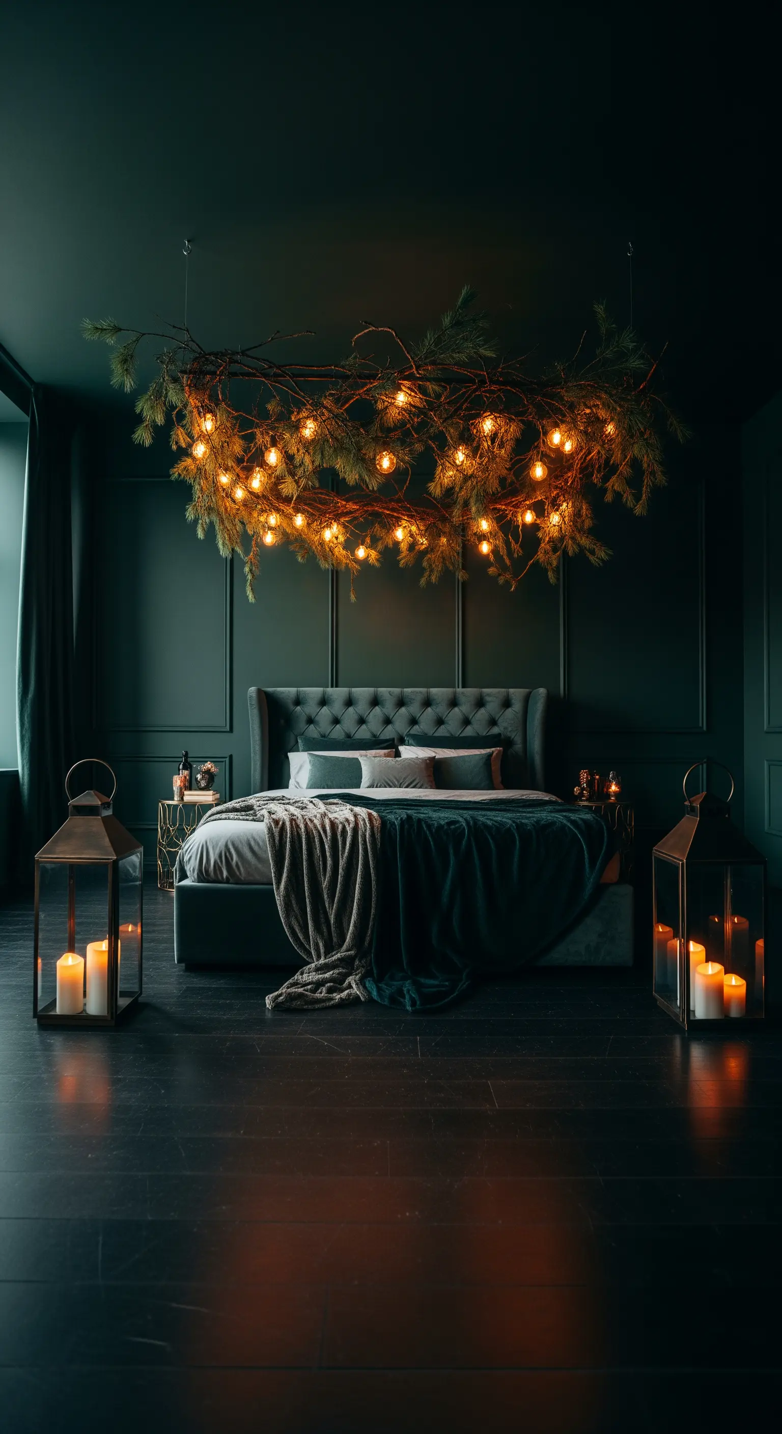 Dramatischer Lichterkranz aus Ästen über dem Bett in einem dunklen Schlafzimmer.