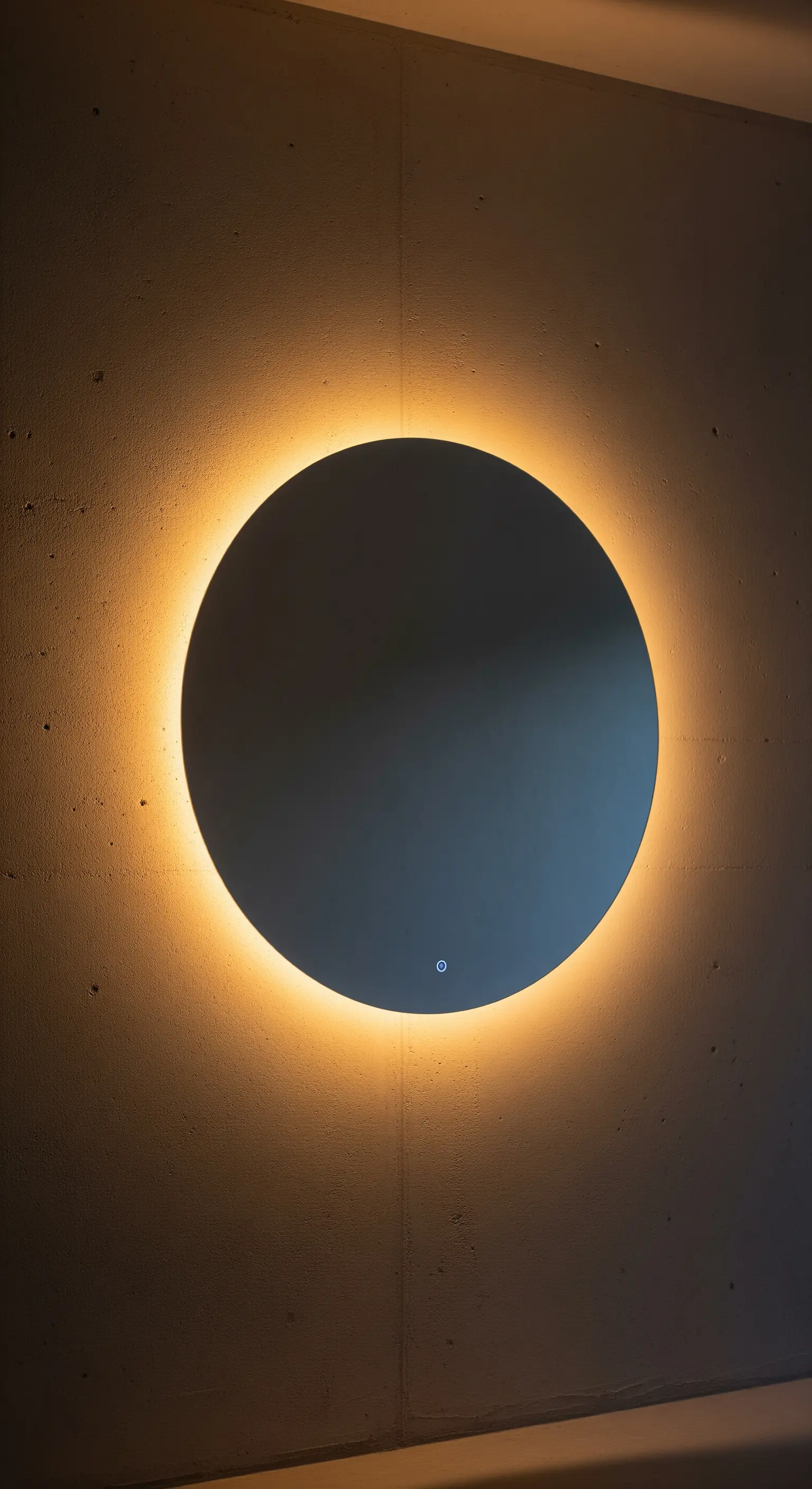 Ein runder Spiegel mit warmweißer Hintergrundbeleuchtung hängt an einer Betonwand.