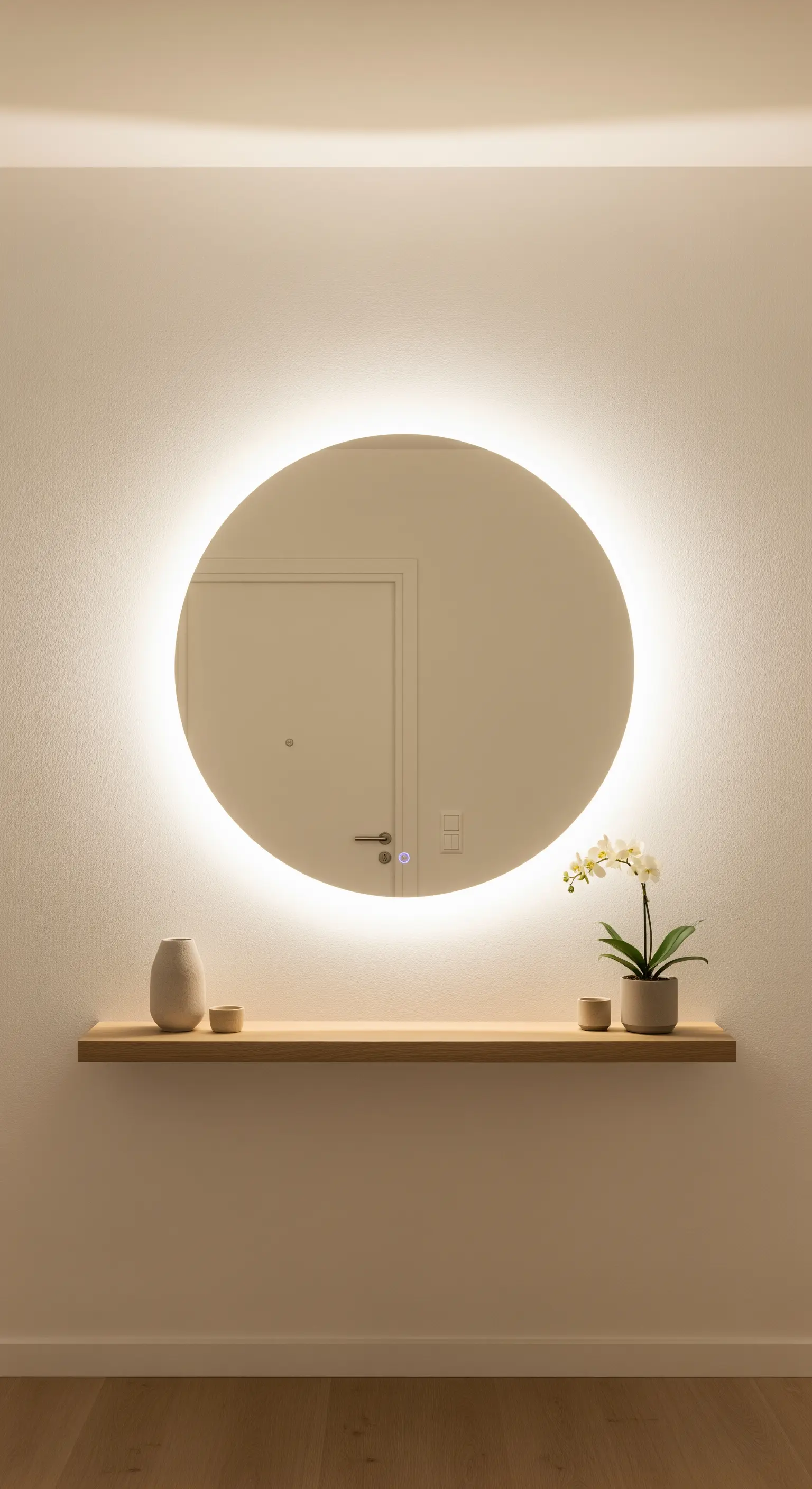 Runder, hinterleuchteter Spiegel über einer schwebenden Holzkonsole im Eingangsbereich.