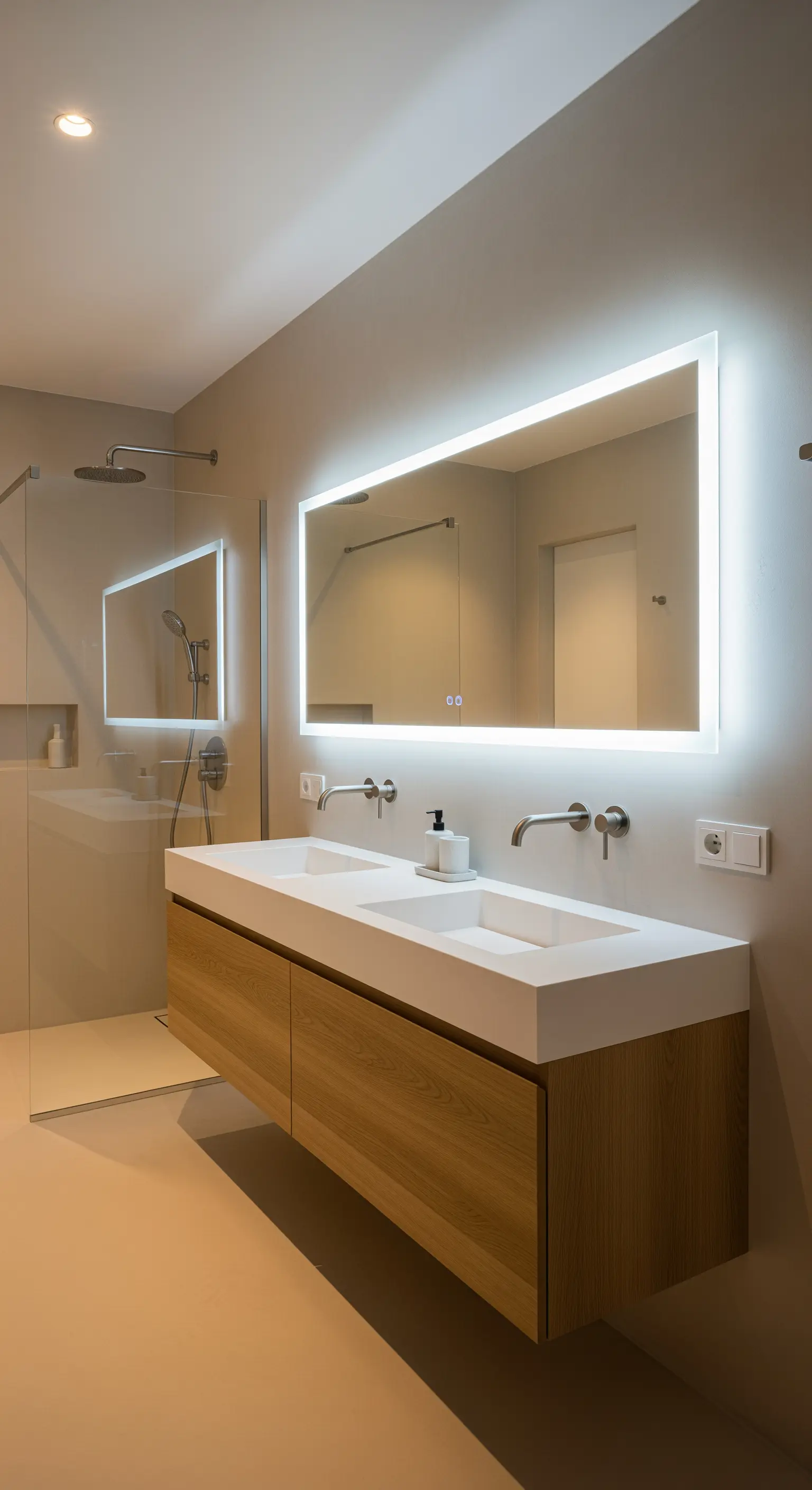 Breiter LED-Spiegel über einem Doppelwaschtisch aus Holz in einem minimalistischen Badezimmer.