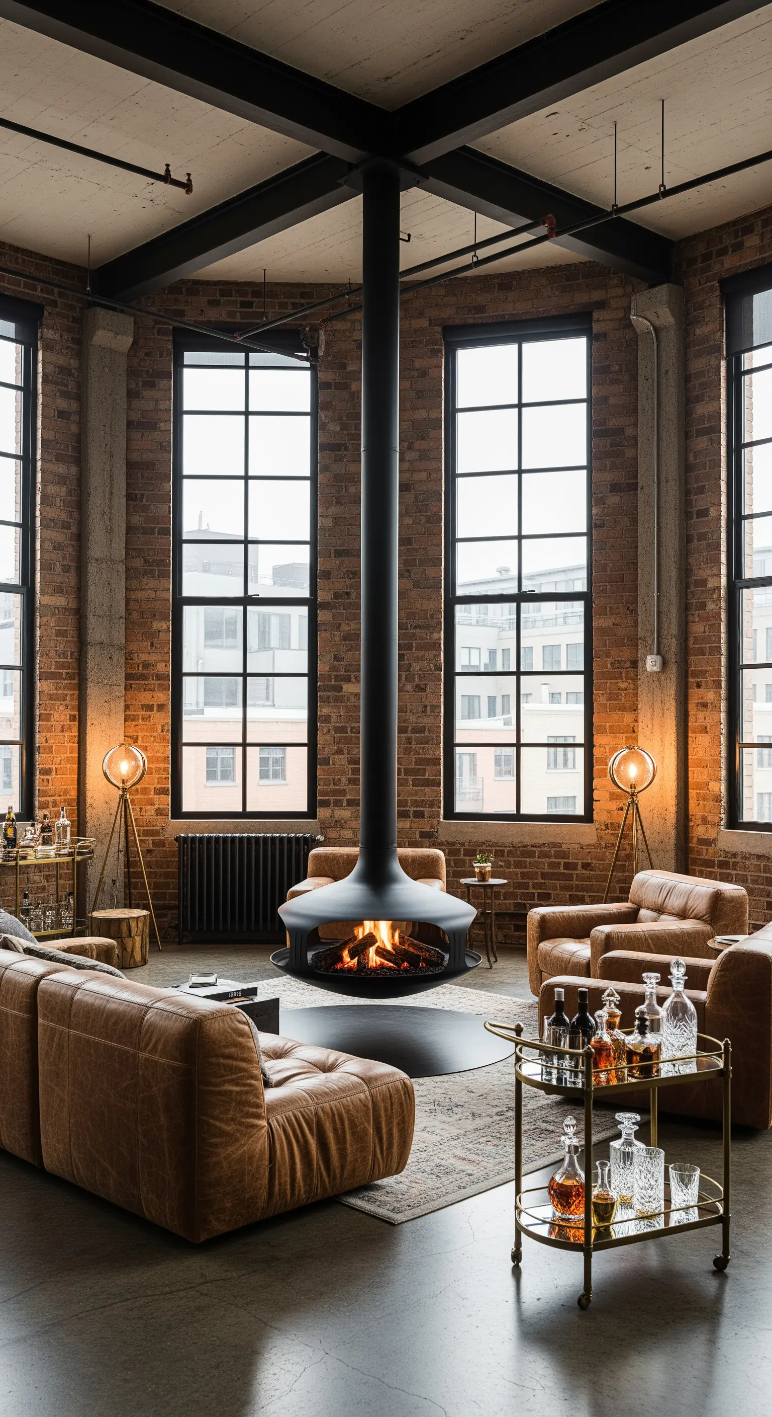 Schwebender schwarzer Kamin in einem Industrie-Loft mit Backsteinwänden und cognacfarbenen Ledermöbeln.