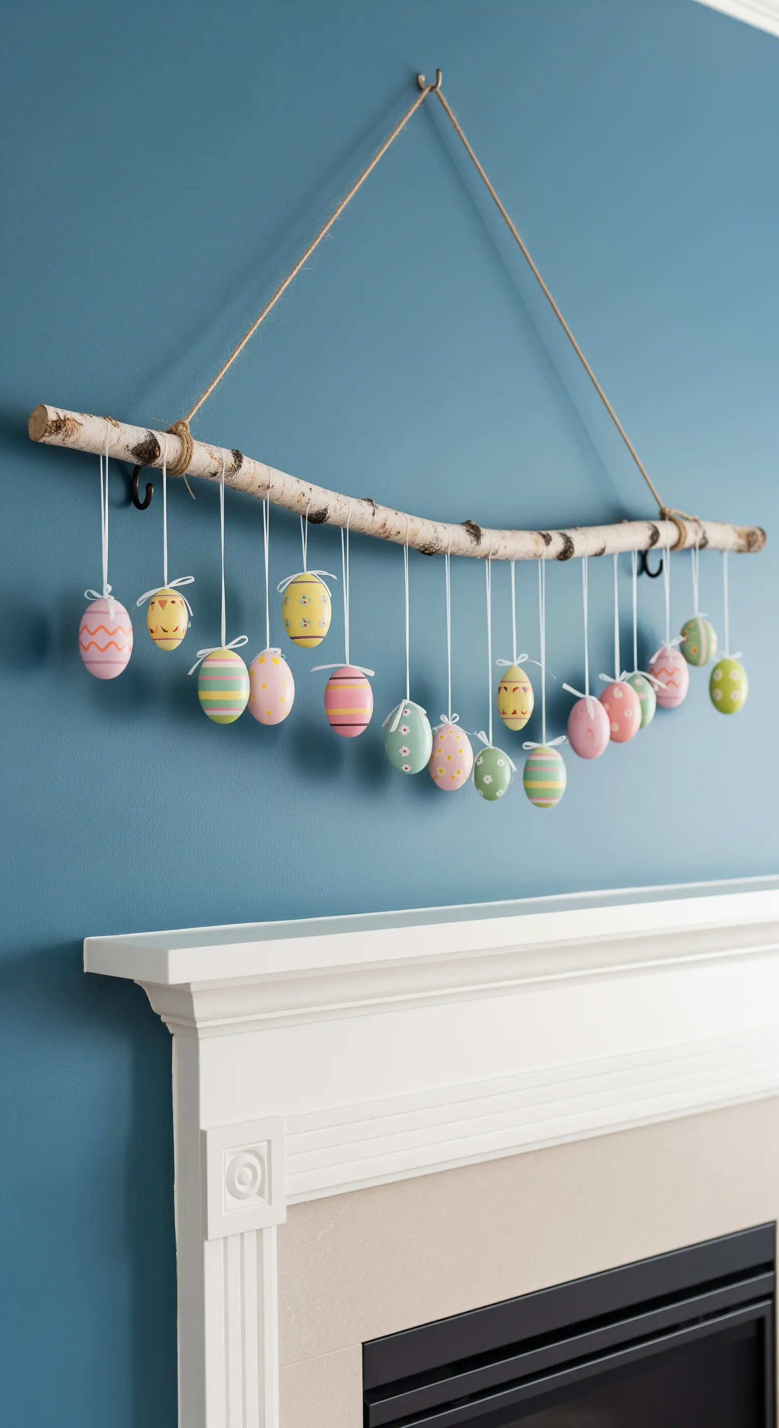 Birkenast mit hängenden, bemalten Ostereiern über dem Kamin.