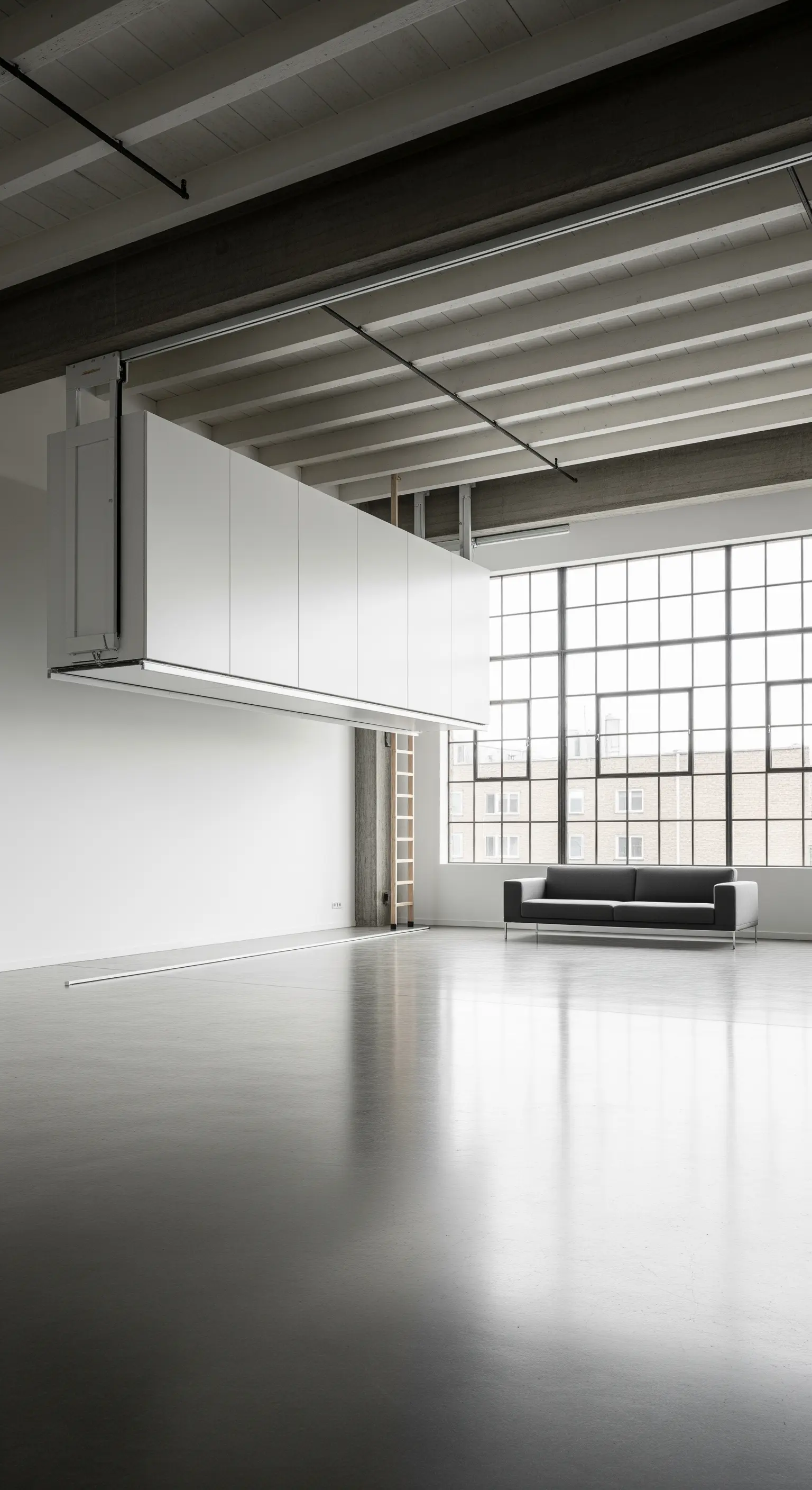 Ein langes, weißes Schranksystem, das in einem hohen Loftraum von der Decke abgehängt ist.