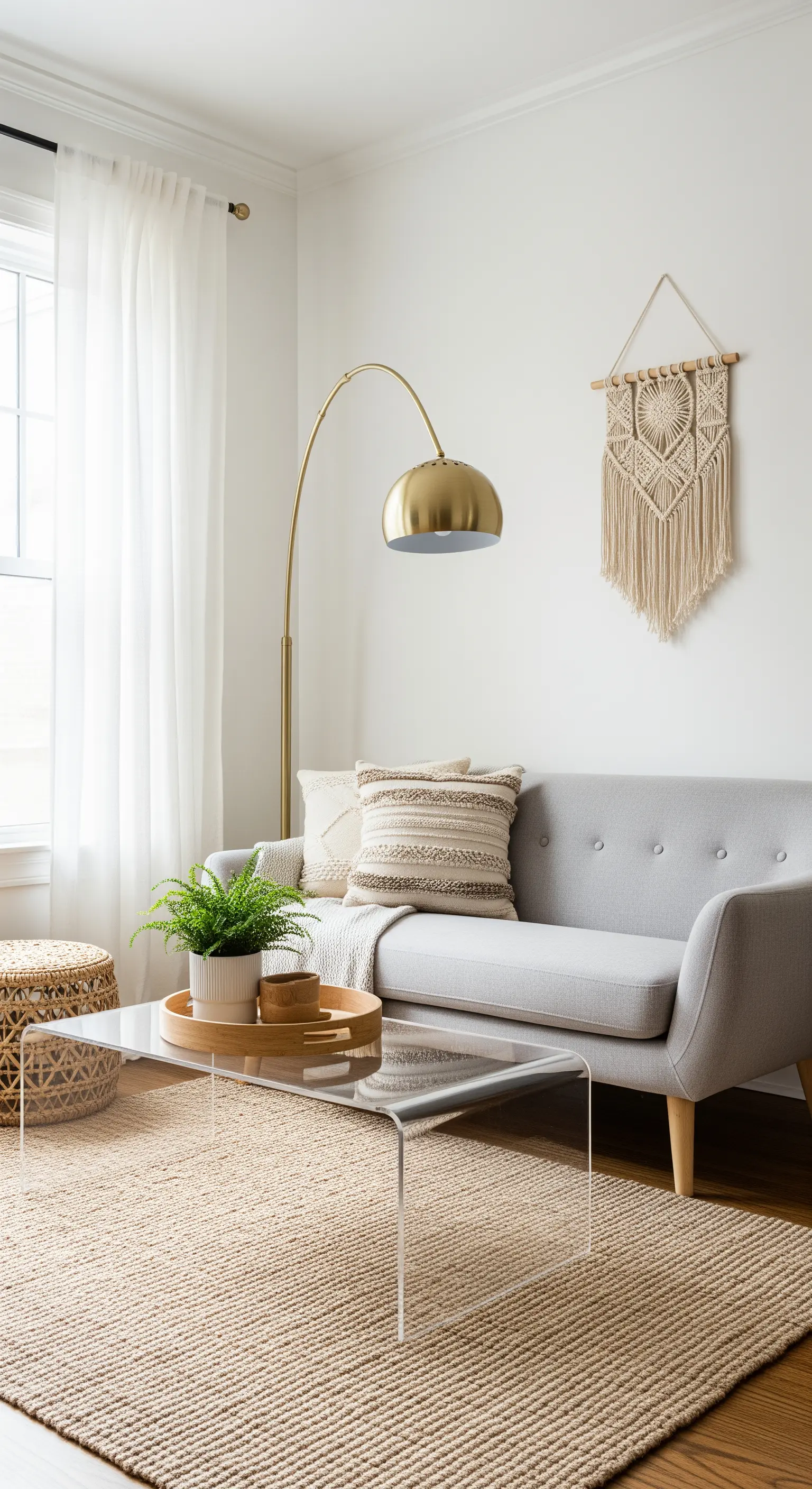 Wohnzimmer mit einem durchsichtigen Acryl-Couchtisch auf einem Jute-Teppich.