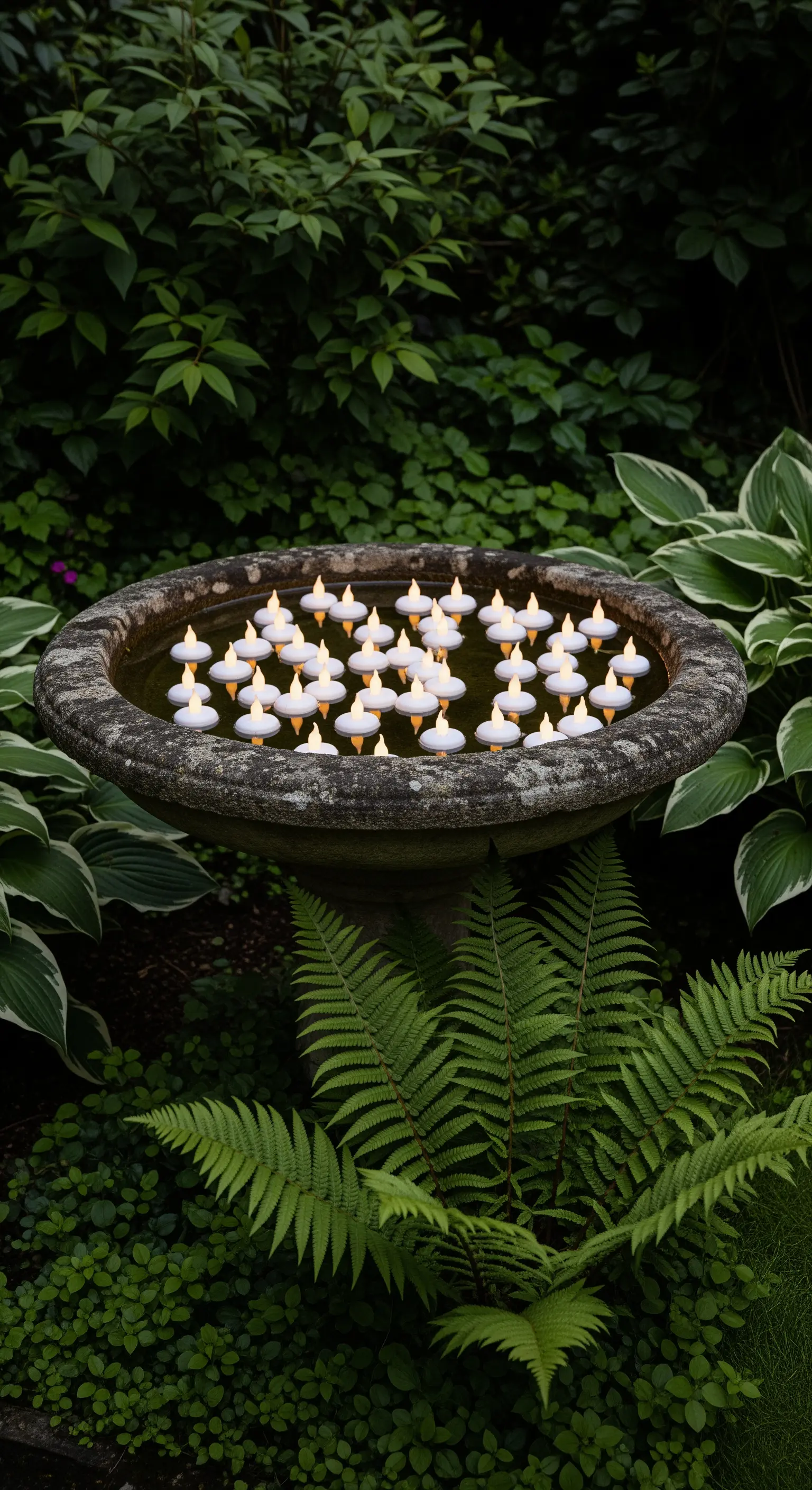 Viele kleine weiße Schwimmkerzen leuchten in einer steinernen Vogeltränke inmitten von grünen Farnen.