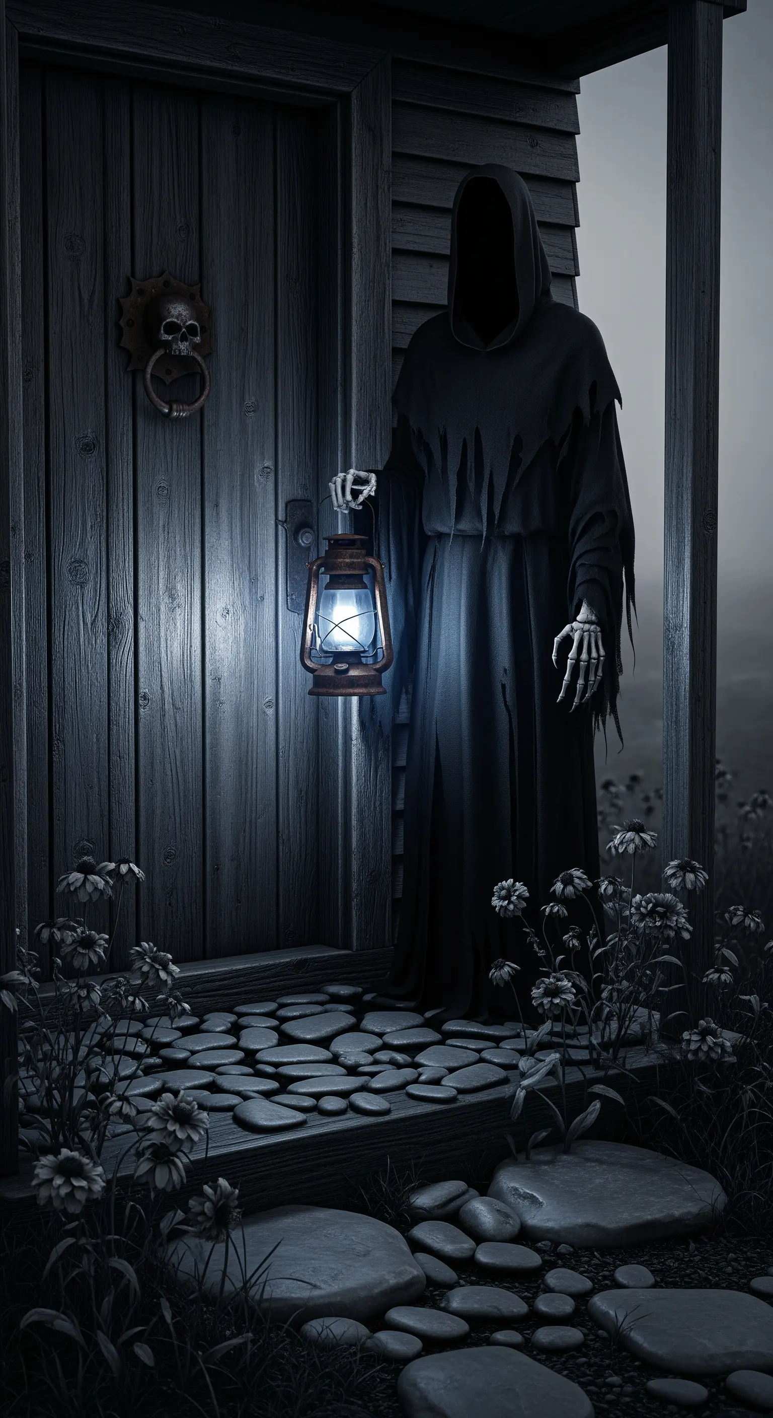 Lebensgroßer Sensenmann mit blauer Laterne vor einer alten Holztür und Kieselsteinen.