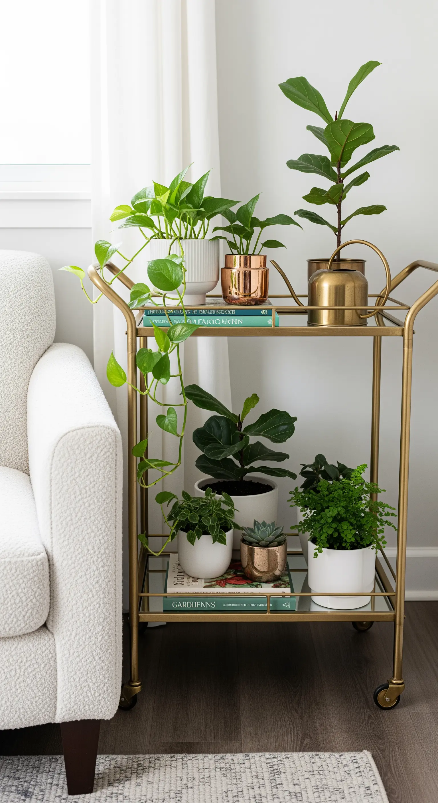 Ein goldener Servierwagen mit zwei Glasböden, der als stilvolles Regal für Zimmerpflanzen genutzt wird.