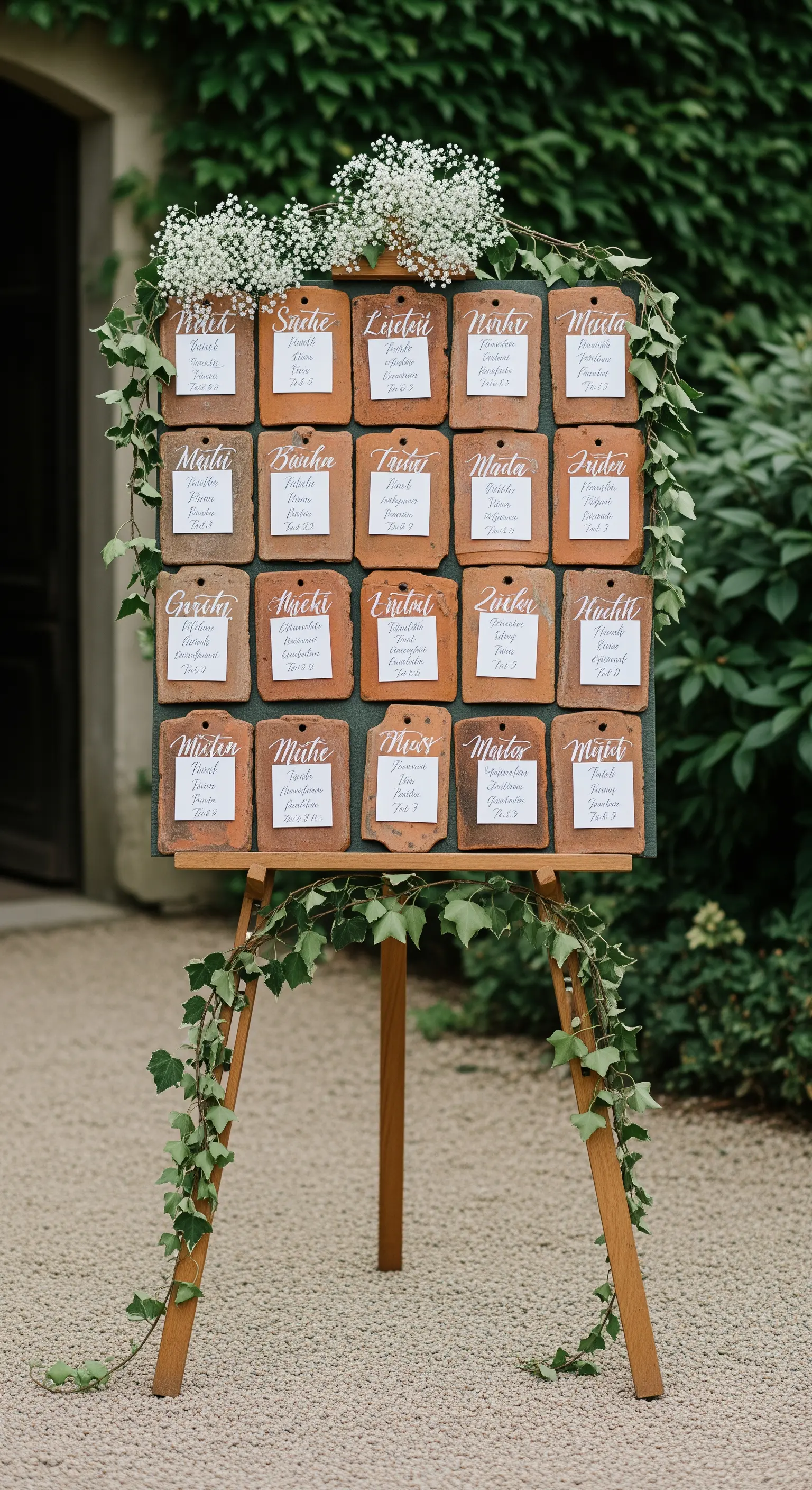 Kreativer Sitzplan für eine Hochzeit auf kleinen Terrakotta-Dachziegeln, umrankt von Efeu