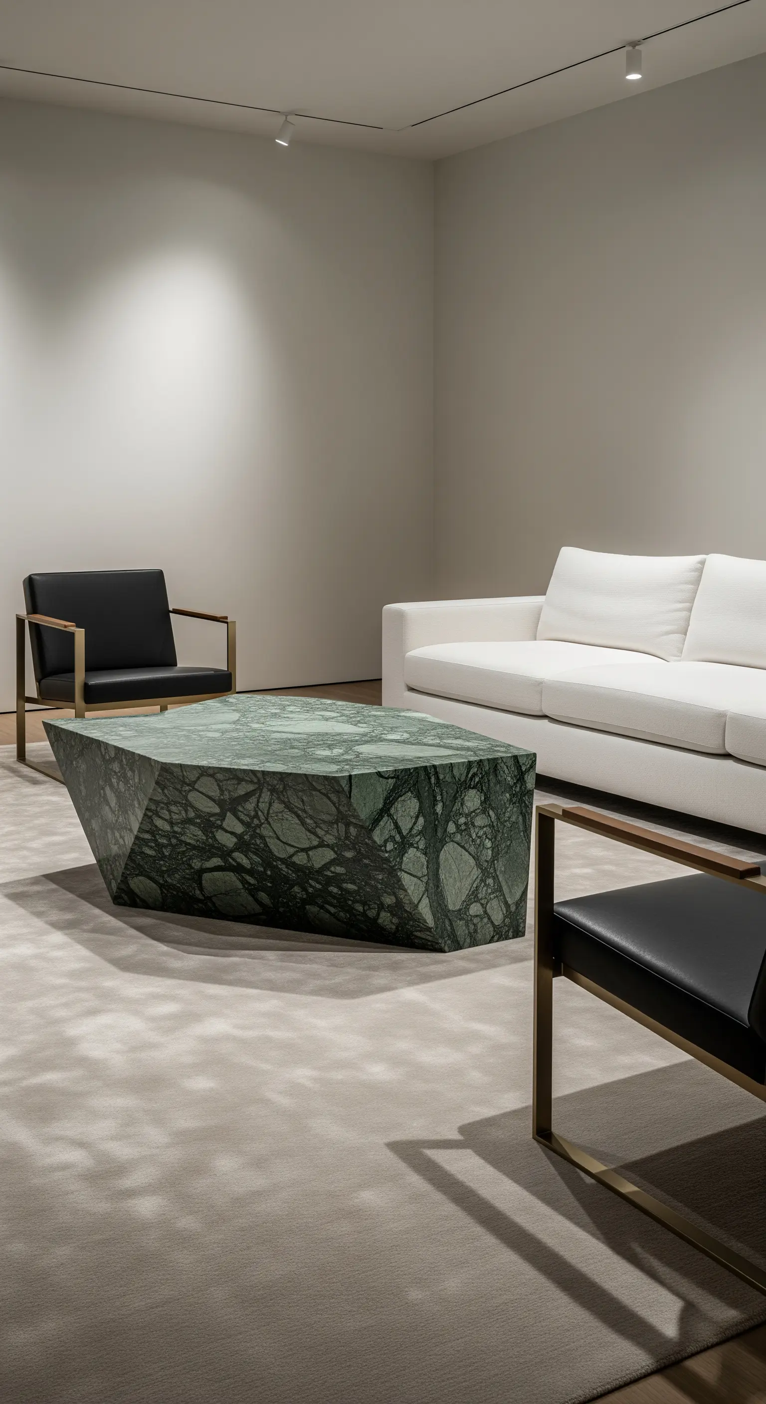 Minimalistisches Wohnzimmer mit einem skulpturalen, grünen Marmor-Couchtisch.