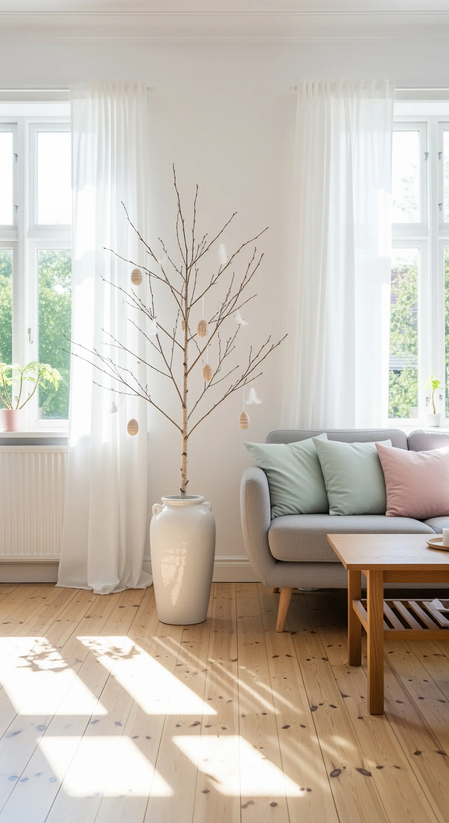 Minimalistischer Osterbaum aus einem großen Ast in einer weißen Bodenvase im Scandi-Wohnzimmer.