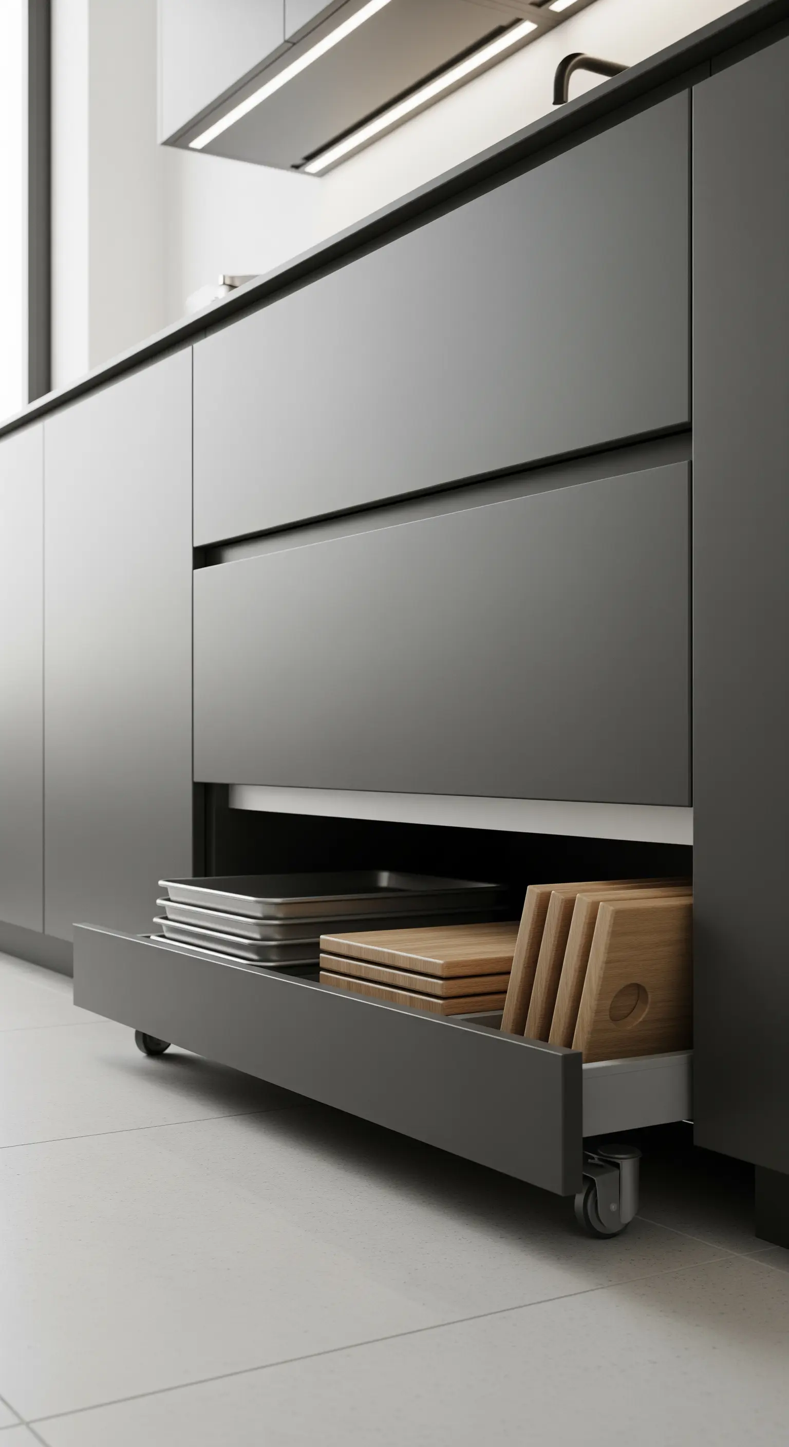 Sockelschublade auf Rollen in einer mattschwarzen Küche, ideal für Backbleche.