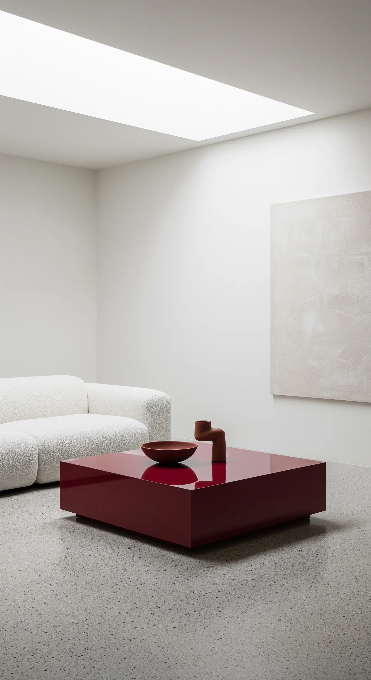 Leuchtend roter Hochglanz-Couchtisch als einziger Farbakzent in einem minimalistischen, weißen Raum.