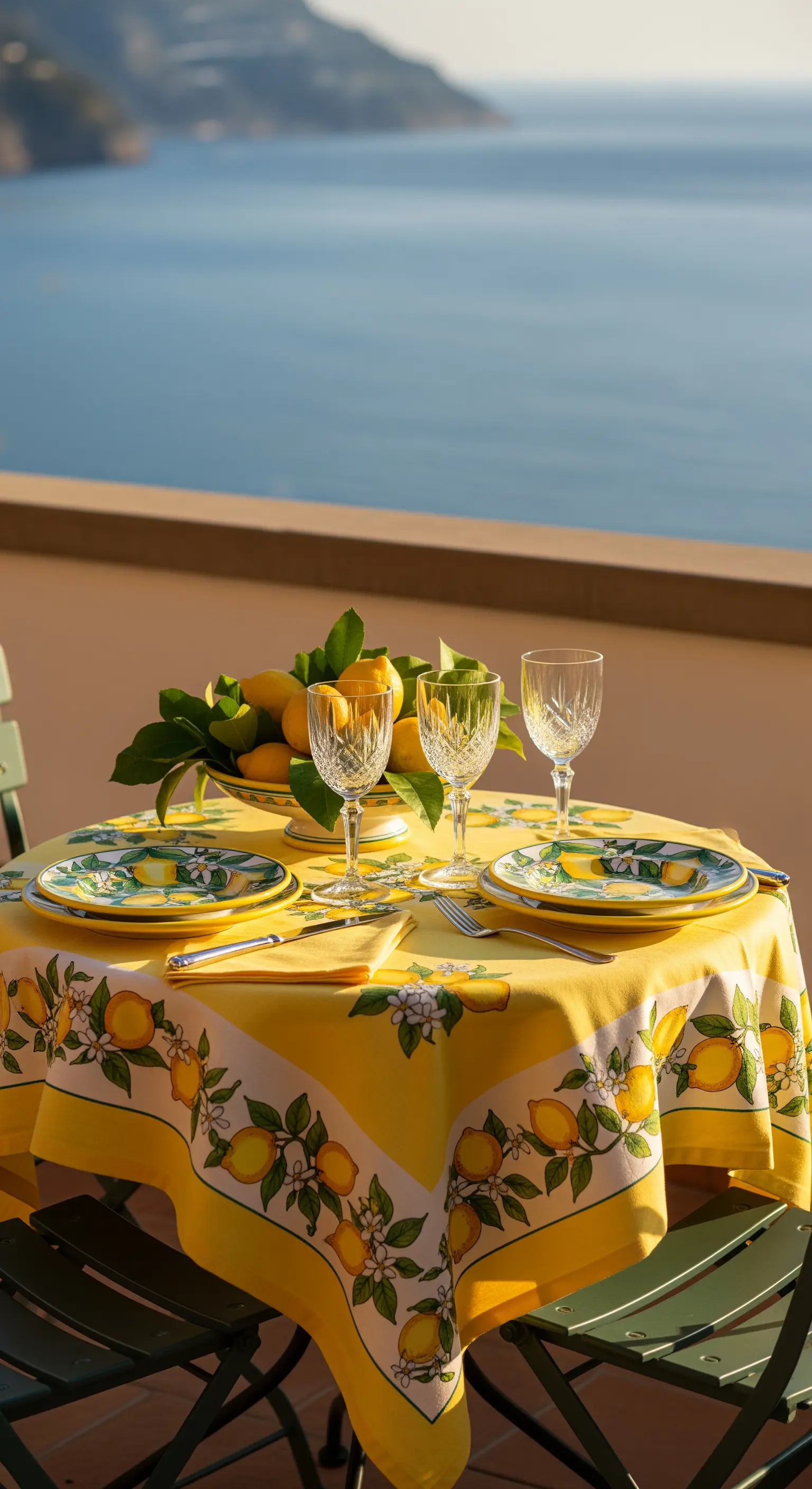 Balkontisch mit zitronenmuster Tischdecke und Geschirr