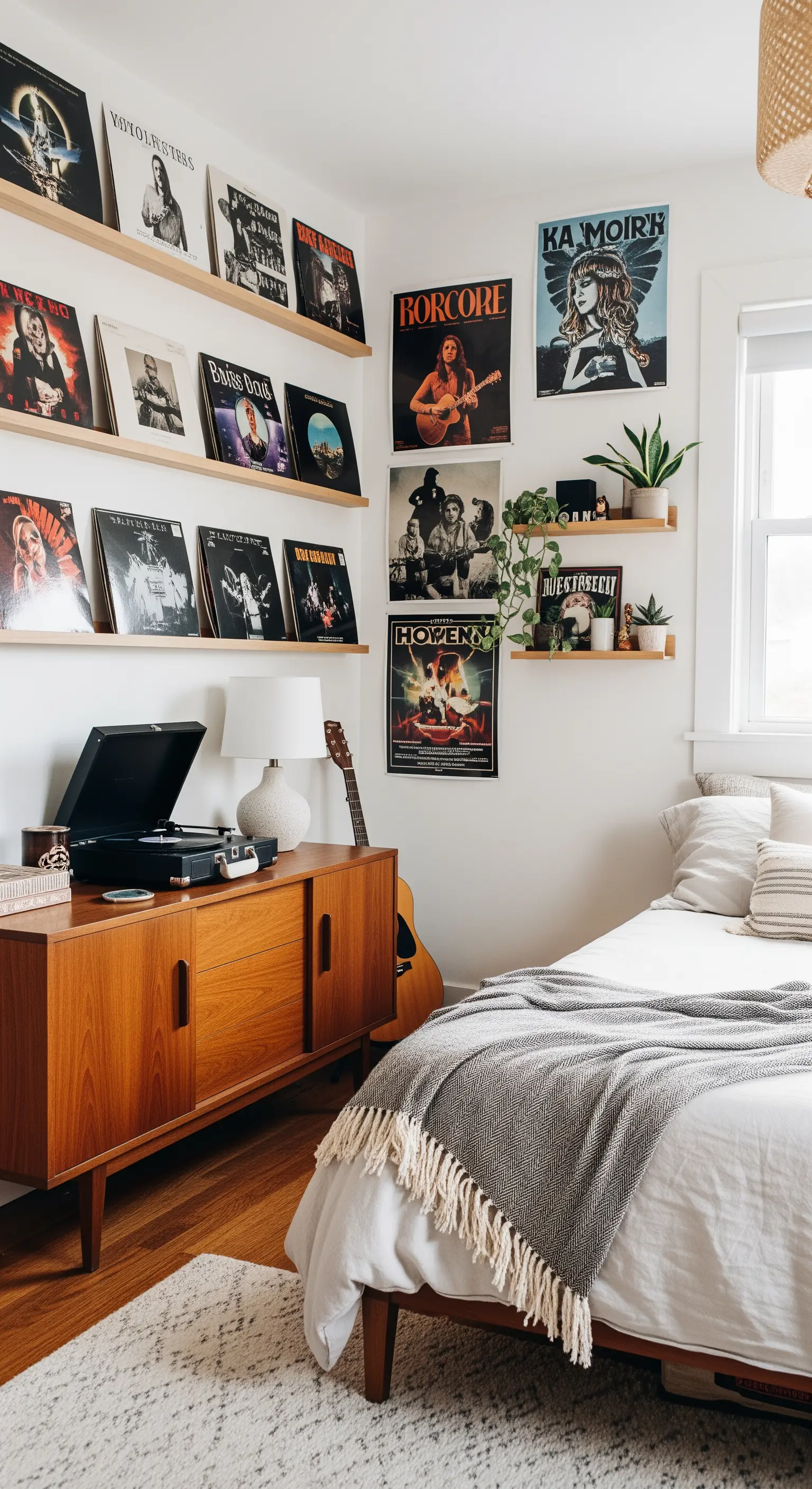 Boho-Schlafzimmer für Musikliebhaber mit einer Wand voller Schallplatten und Poster.