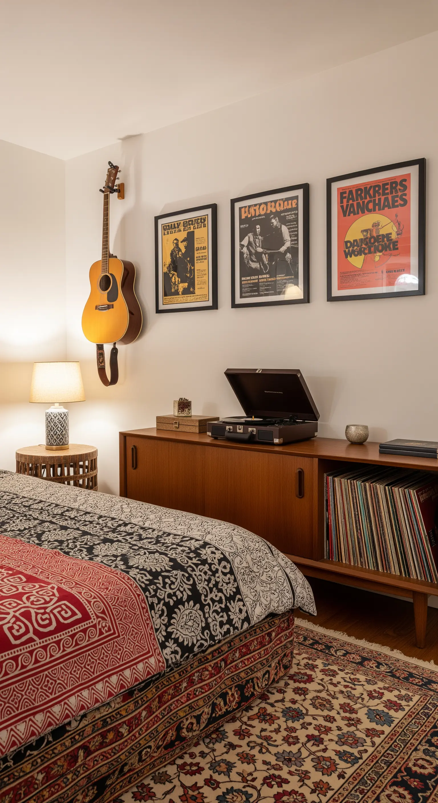 Schlafzimmer-Ecke mit einem Plattenspieler auf einem Mid-Century-Sideboard und einer an der Wand hängenden Gitarre