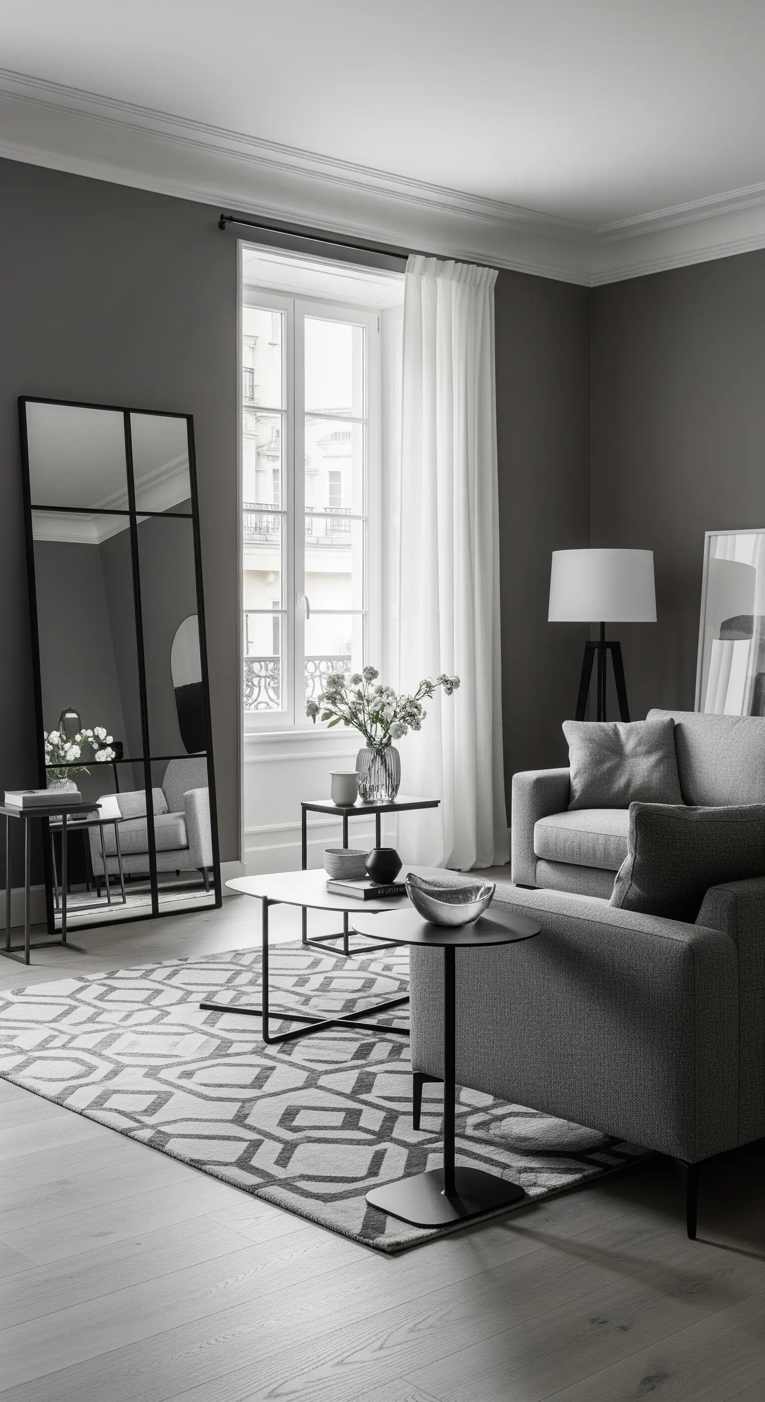 Graues Wohnzimmer mit einem großen, schwarzen Bodenspiegel, der den Raum optisch erweitert.