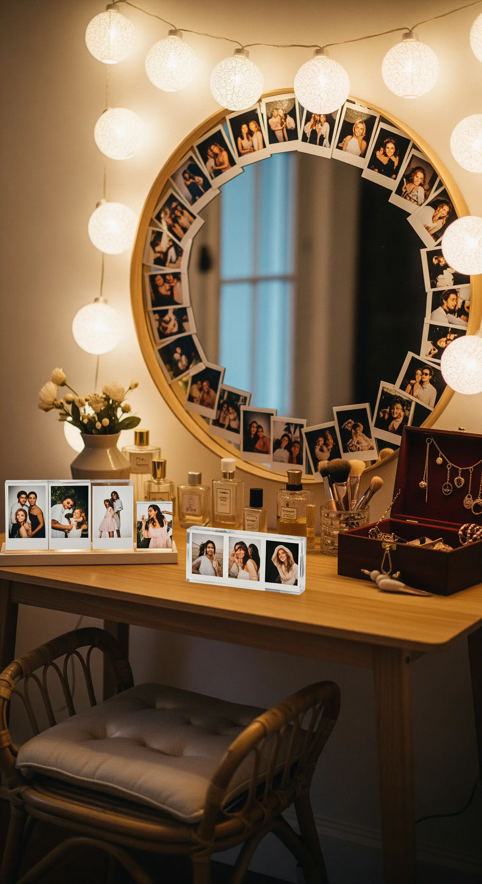 Runder Spiegel auf einem Schminktisch, dessen Rahmen komplett mit kleinen Fotos beklebt ist.