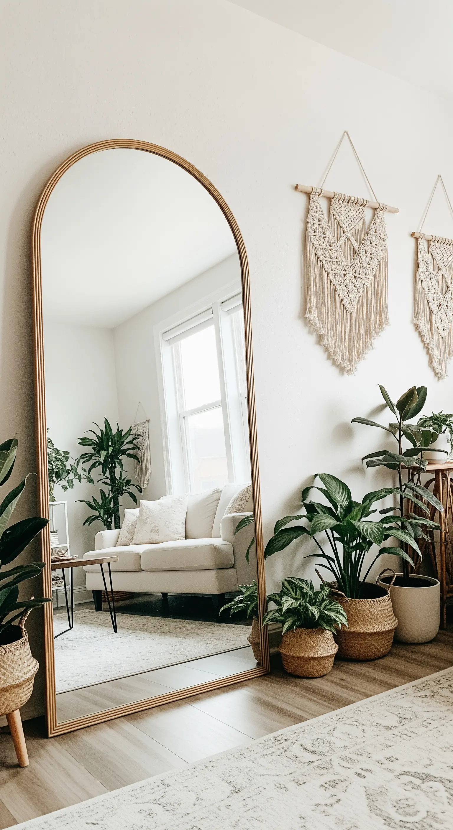 Großer, goldgerahmter Bogen-Spiegel, der an einer weißen Wand lehnt und den Raum vergrößert.