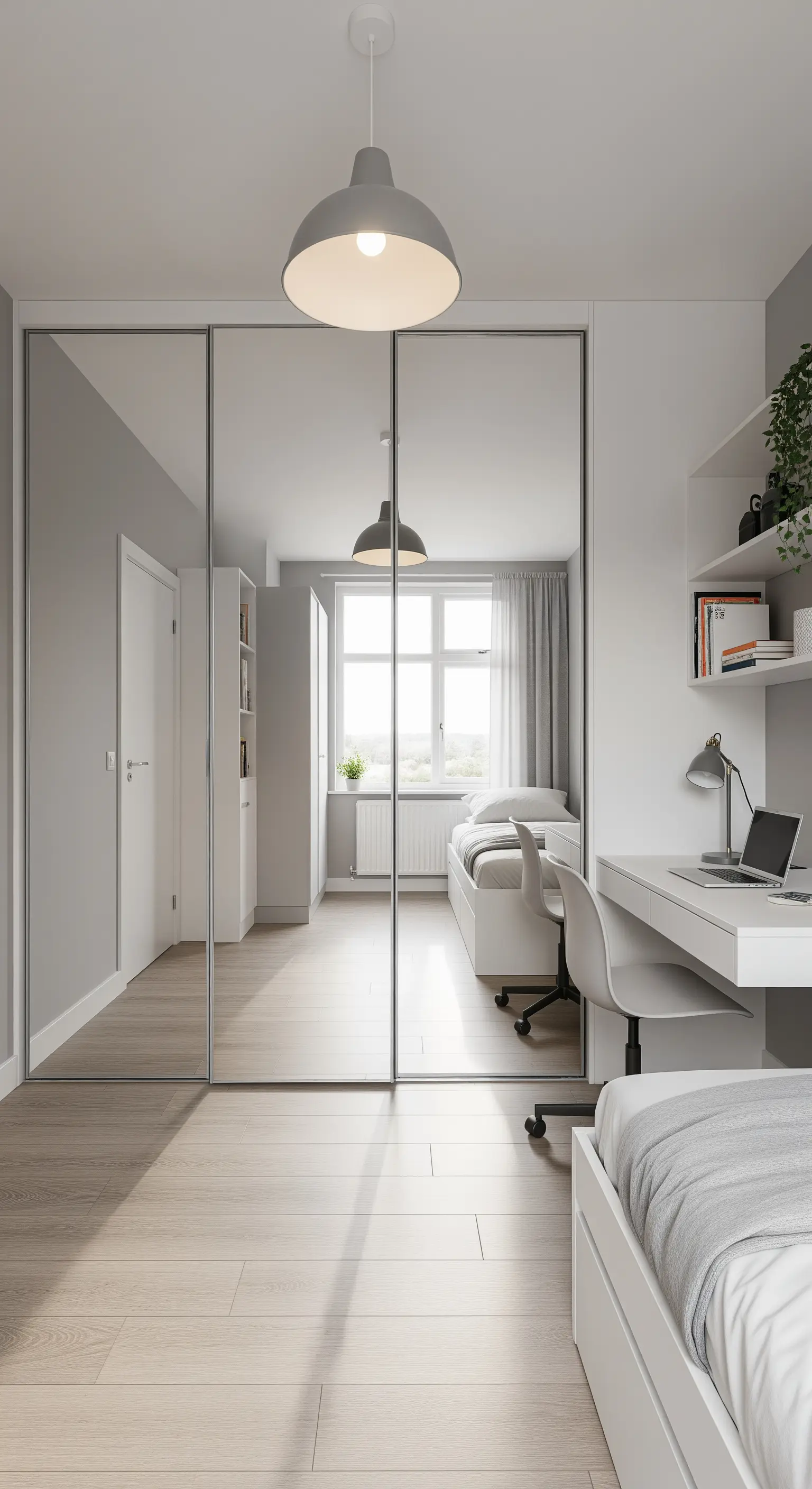 Kleiderschrank mit raumhohen Spiegeltüren, der ein helles, minimalistisches Zimmer reflektiert.