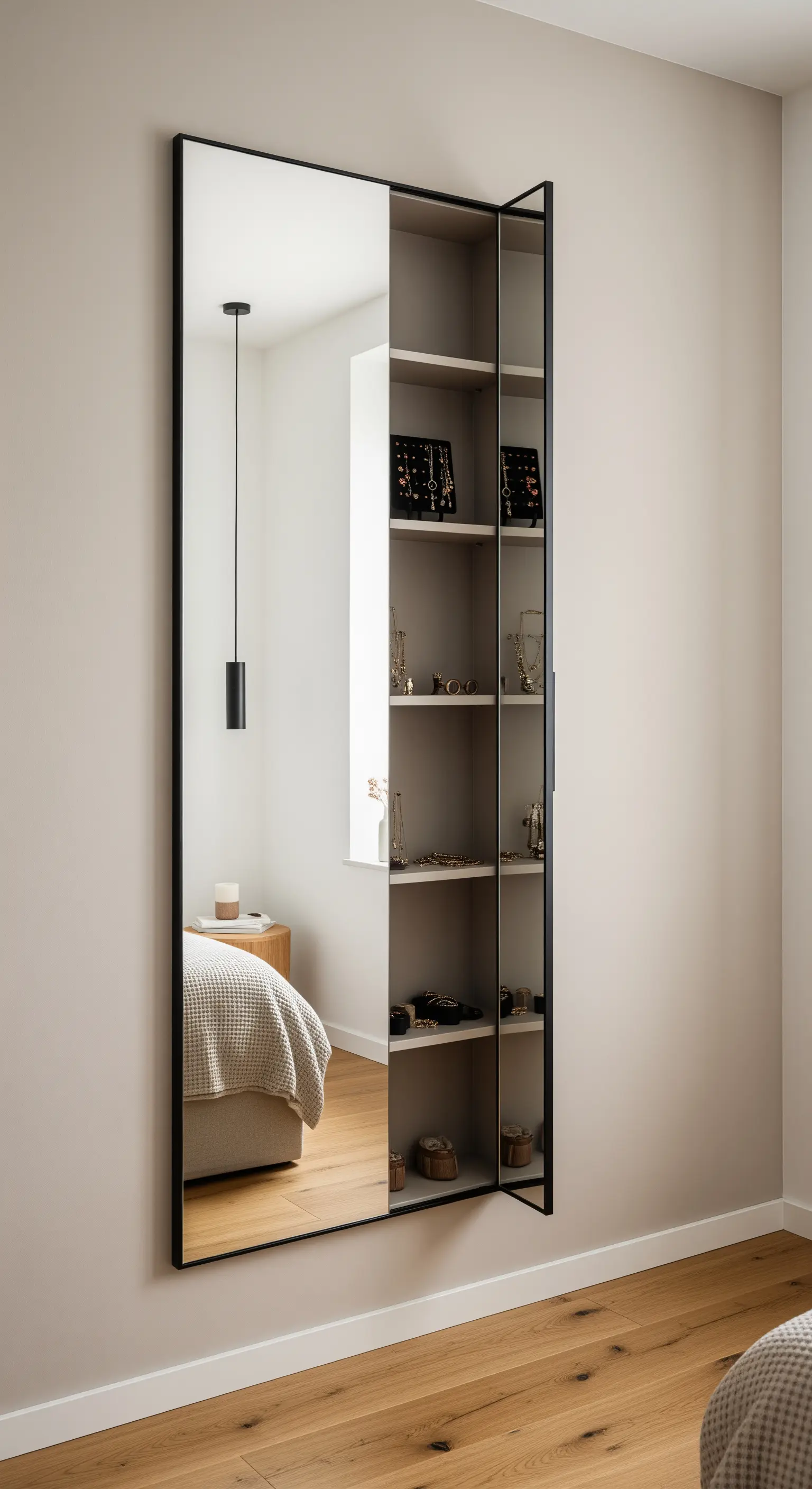 Ganzkörperspiegel, der sich öffnet und versteckte Regale für Schmuck enthüllt.