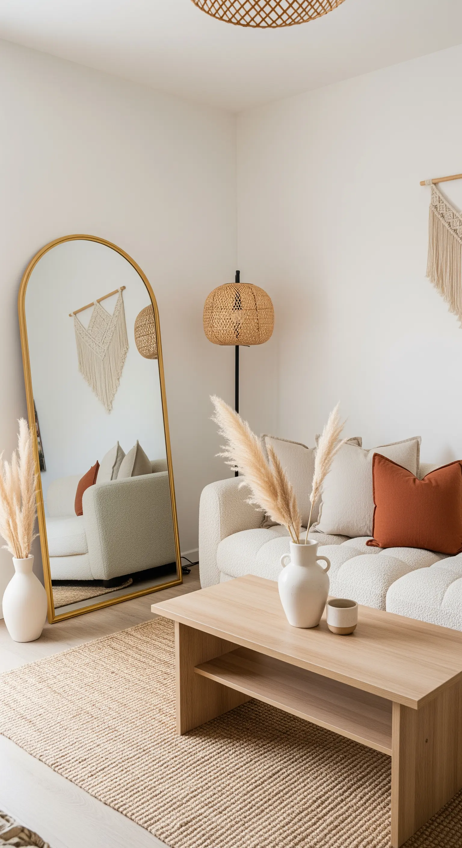 Großer Bogen-Spiegel im Boho-Wohnzimmer, um Licht zu reflektieren und den Raum zu vergrößern.