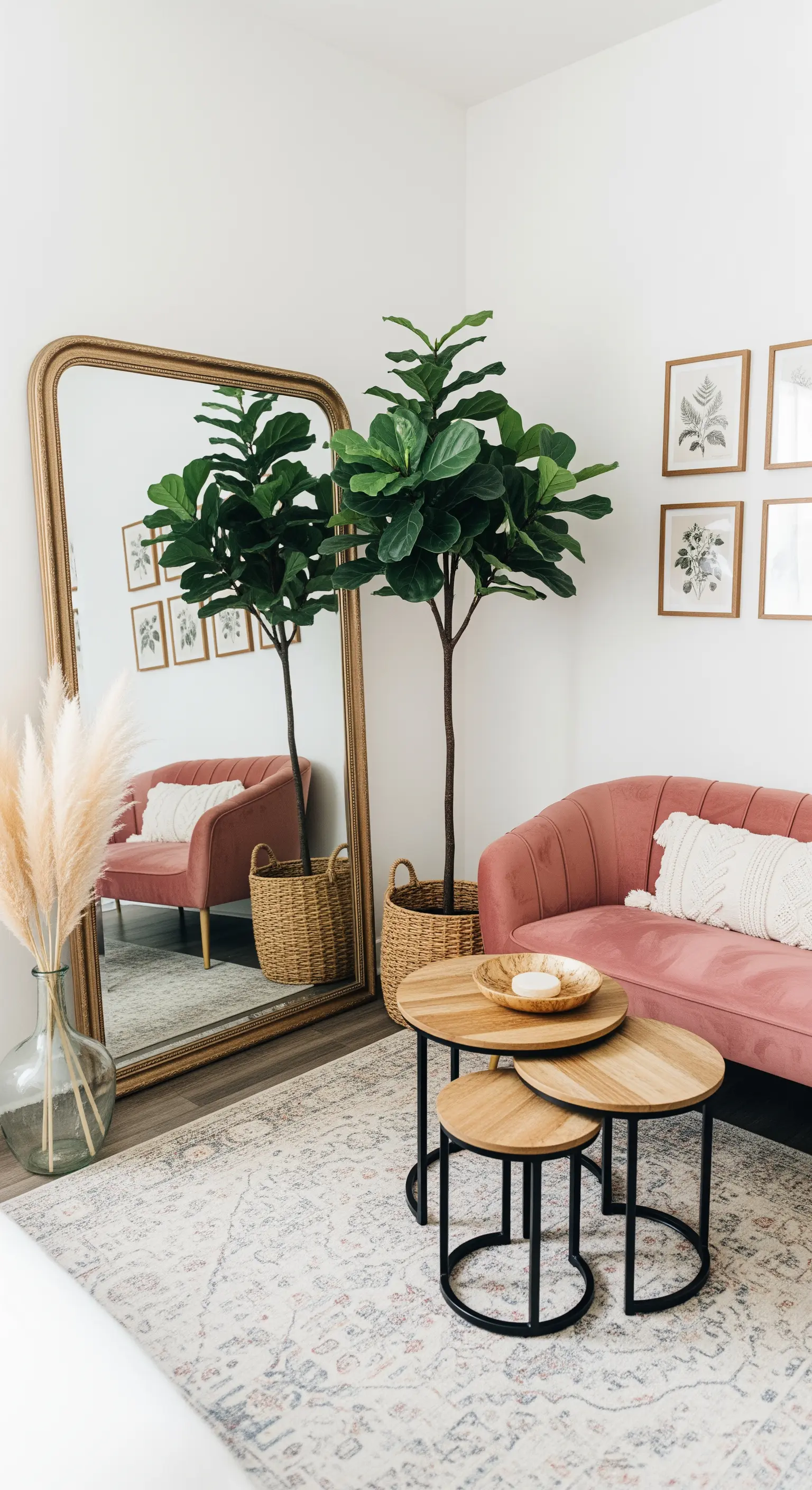 Eine große Feigenfeige steht neben einem goldenen Standspiegel und verdoppelt sich optisch.