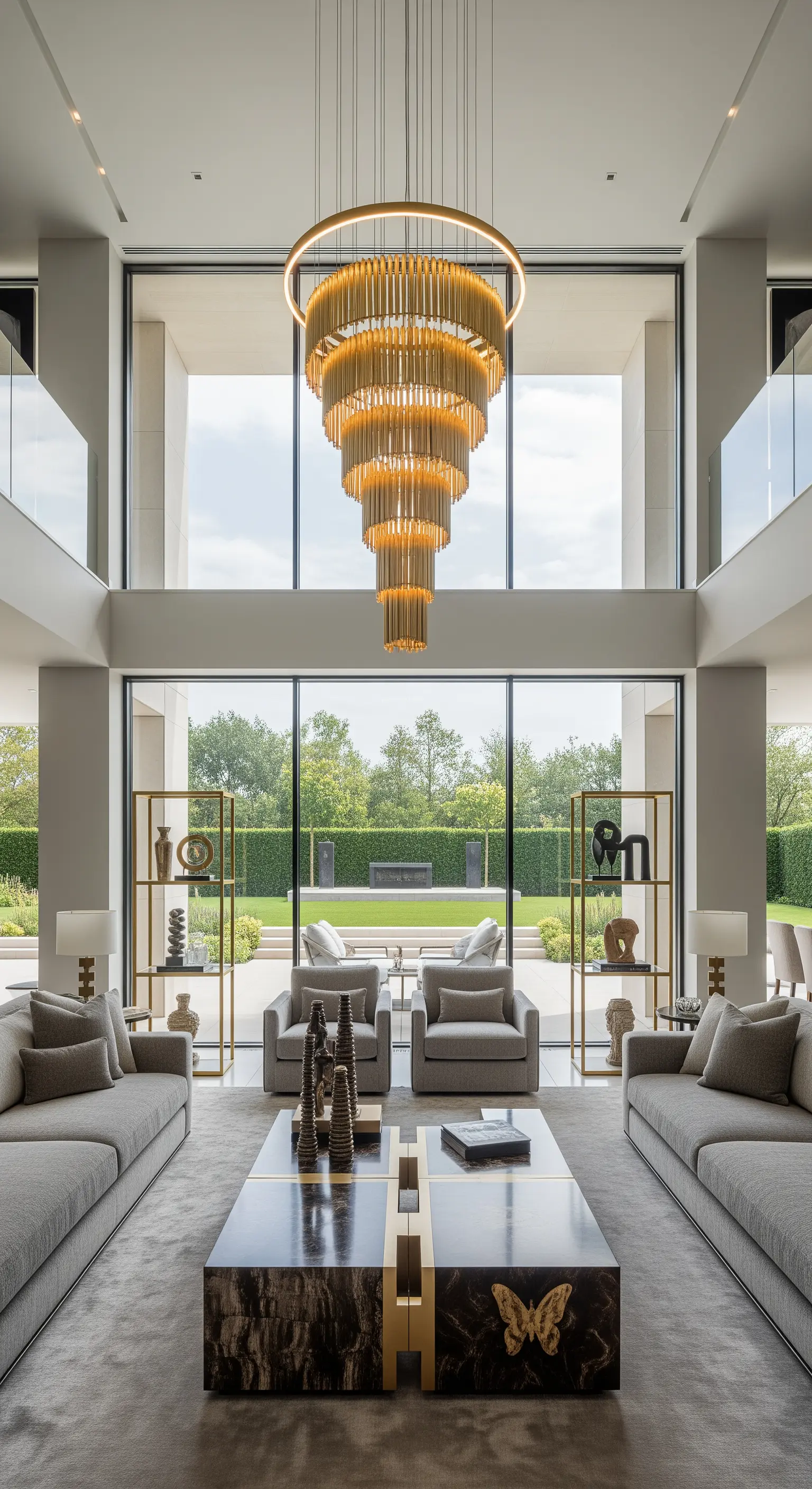 Großes, hohes Wohnzimmer mit einem riesigen, modernen goldenen Kronleuchter im Zentrum.