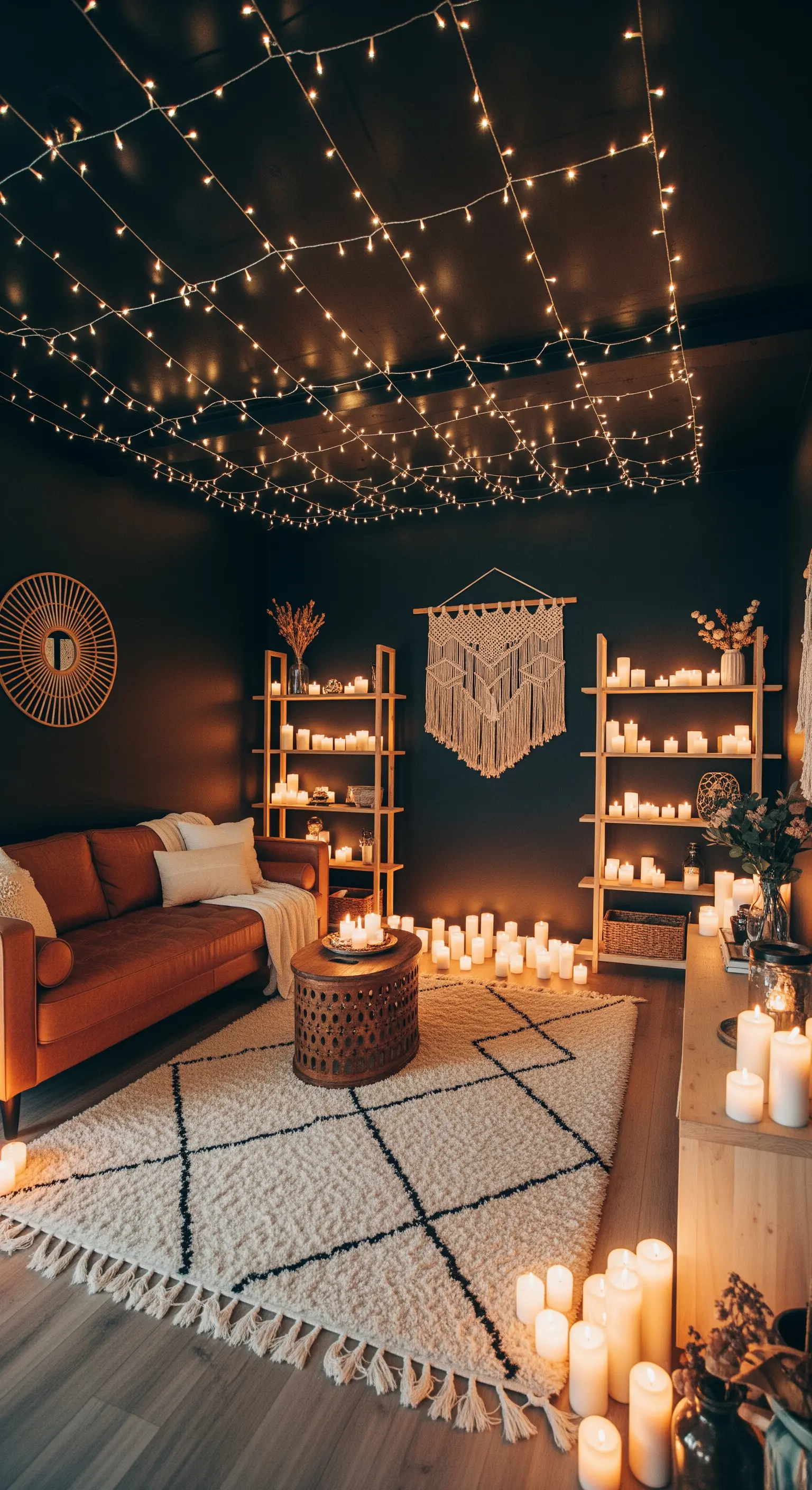 Dunkles Zimmer mit Lichterketten-Netz an der Decke und vielen Kerzen