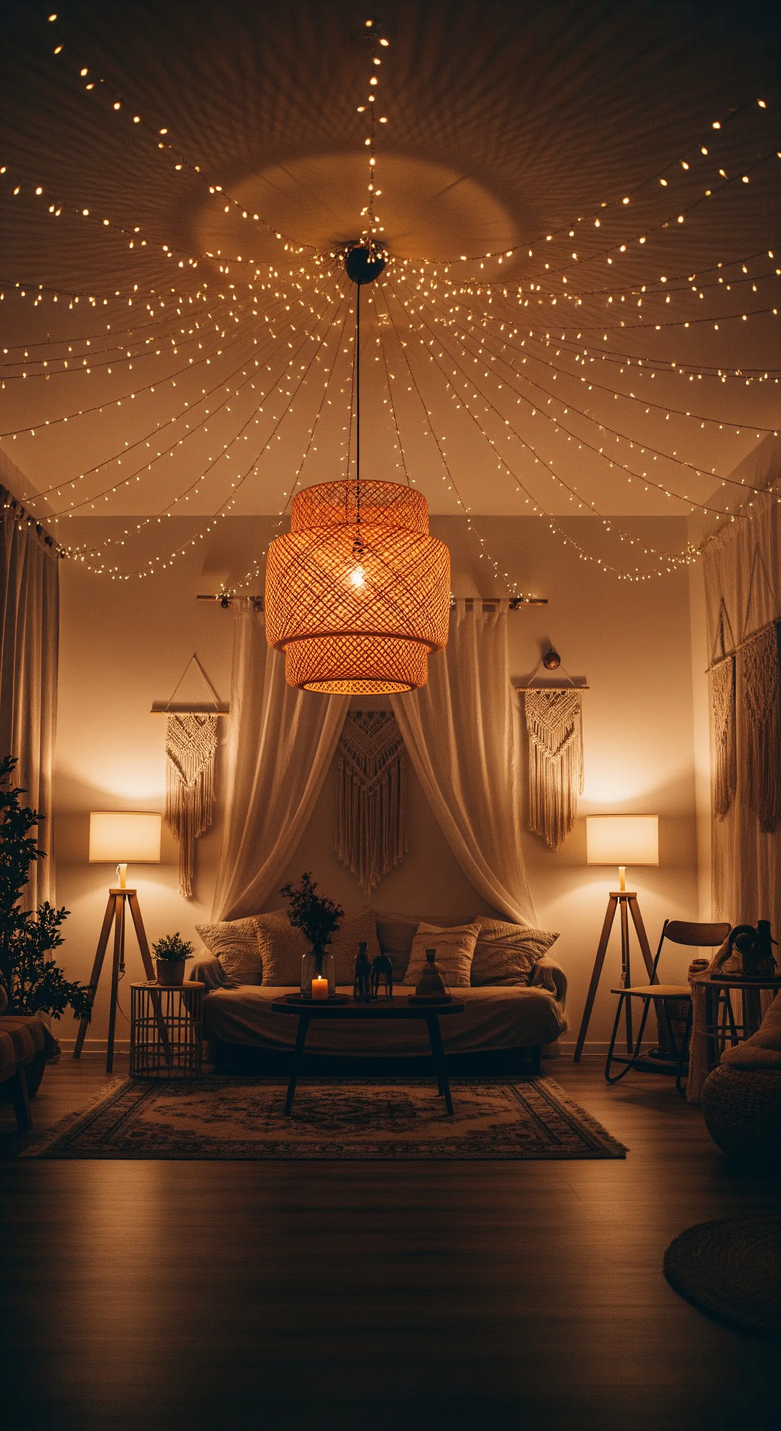 Gemütliches Boho-Wohnzimmer mit einem Deckenhimmel aus warmweißen Lichterketten.