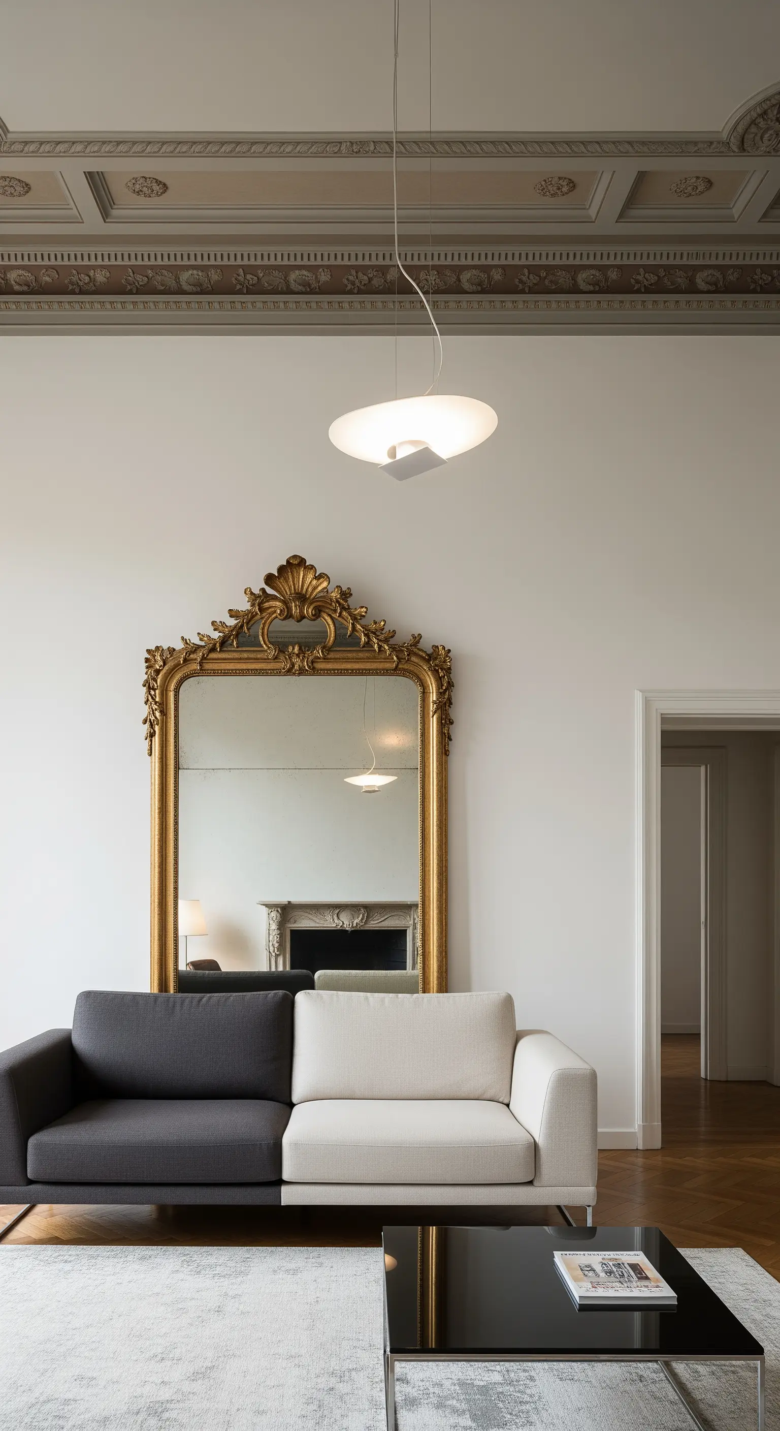 Minimalistisches Sofa unter einem großen, prunkvollen goldenen Barockspiegel.