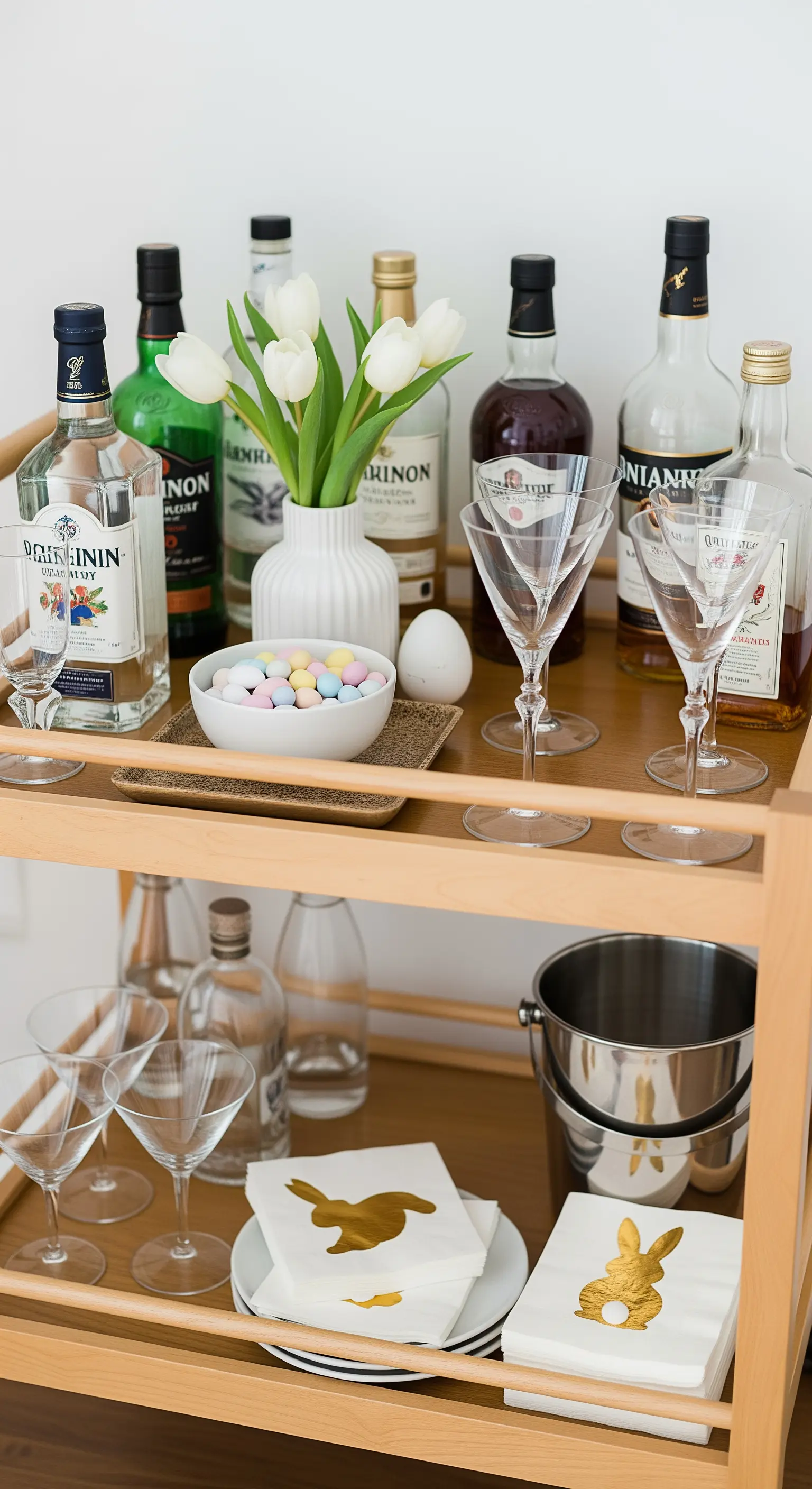 Holz-Barwagen mit Spirituosen, weißen Tulpen und einer Schale mit bunten Zuckereiern.