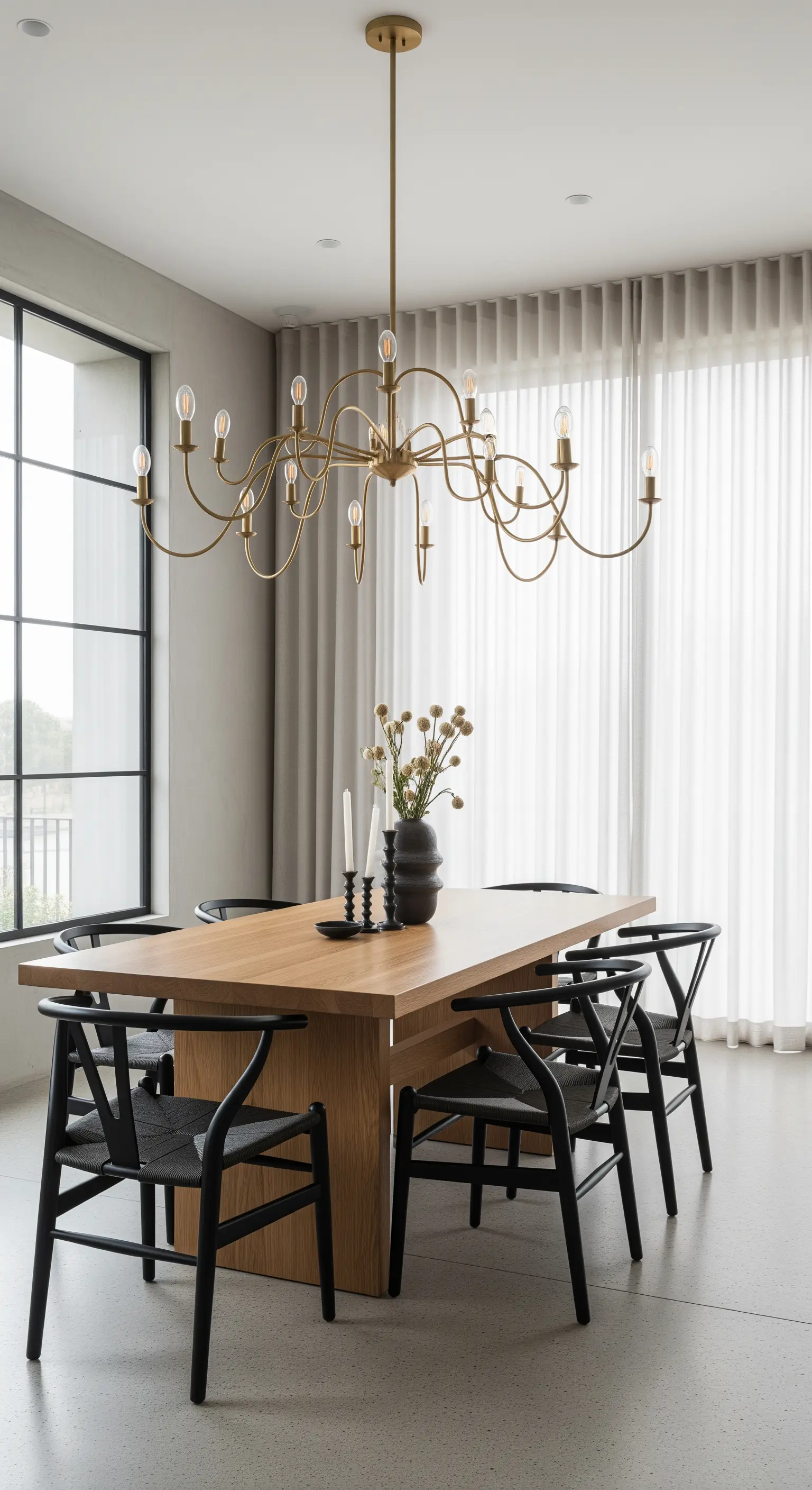 Esszimmer mit Holztisch, schwarzen Stühlen und einem modernen Gold-Kronleuchter.