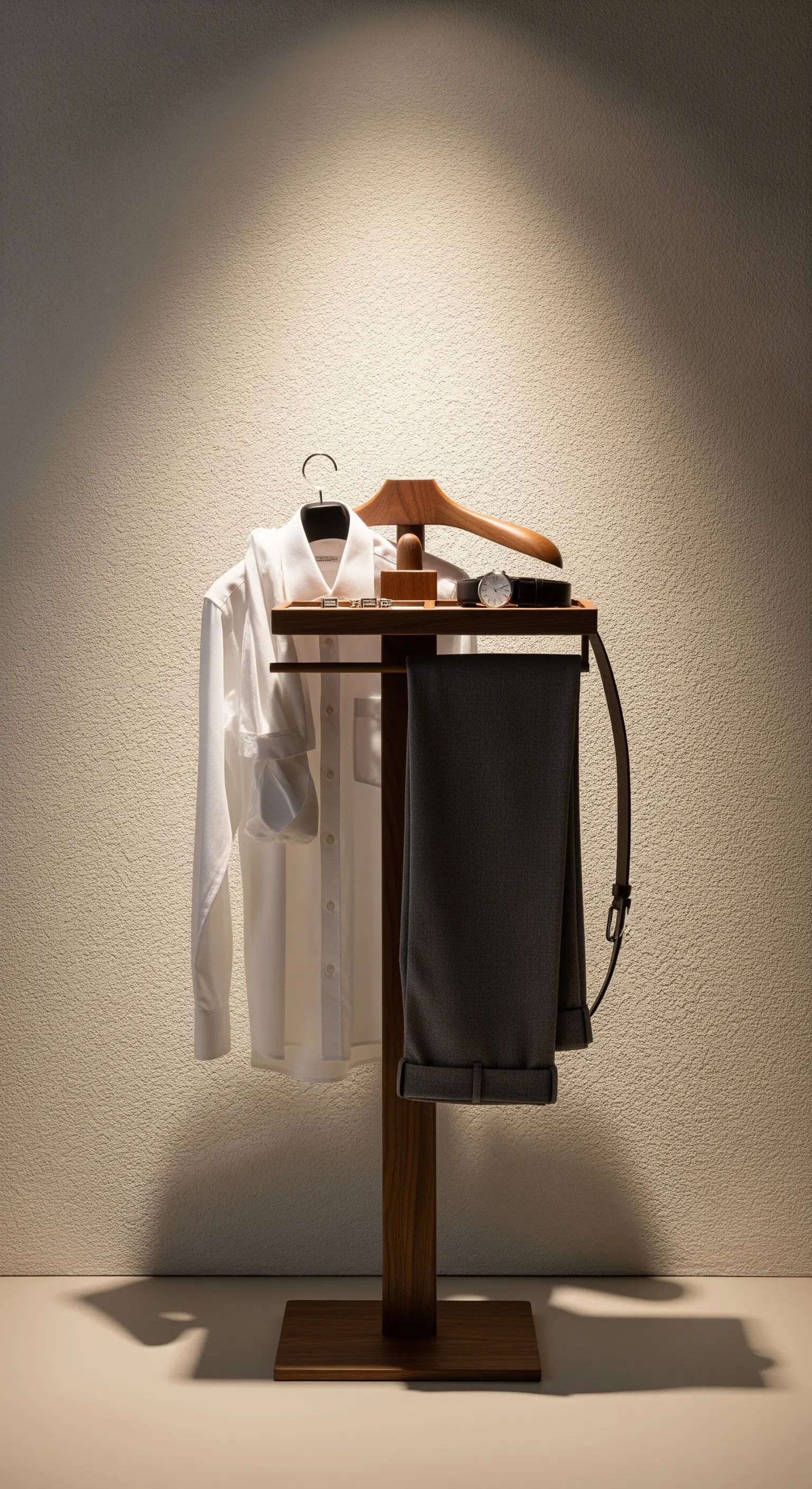 Eleganter stummer Diener aus Holz, der das Outfit für den nächsten Tag bereithält