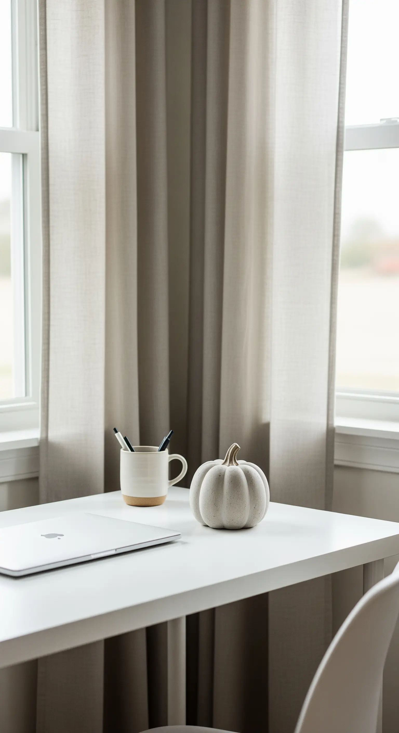 Ein einzelner, gesprenkelter Keramikkürbis auf einem weißen, cleanen Schreibtisch.
