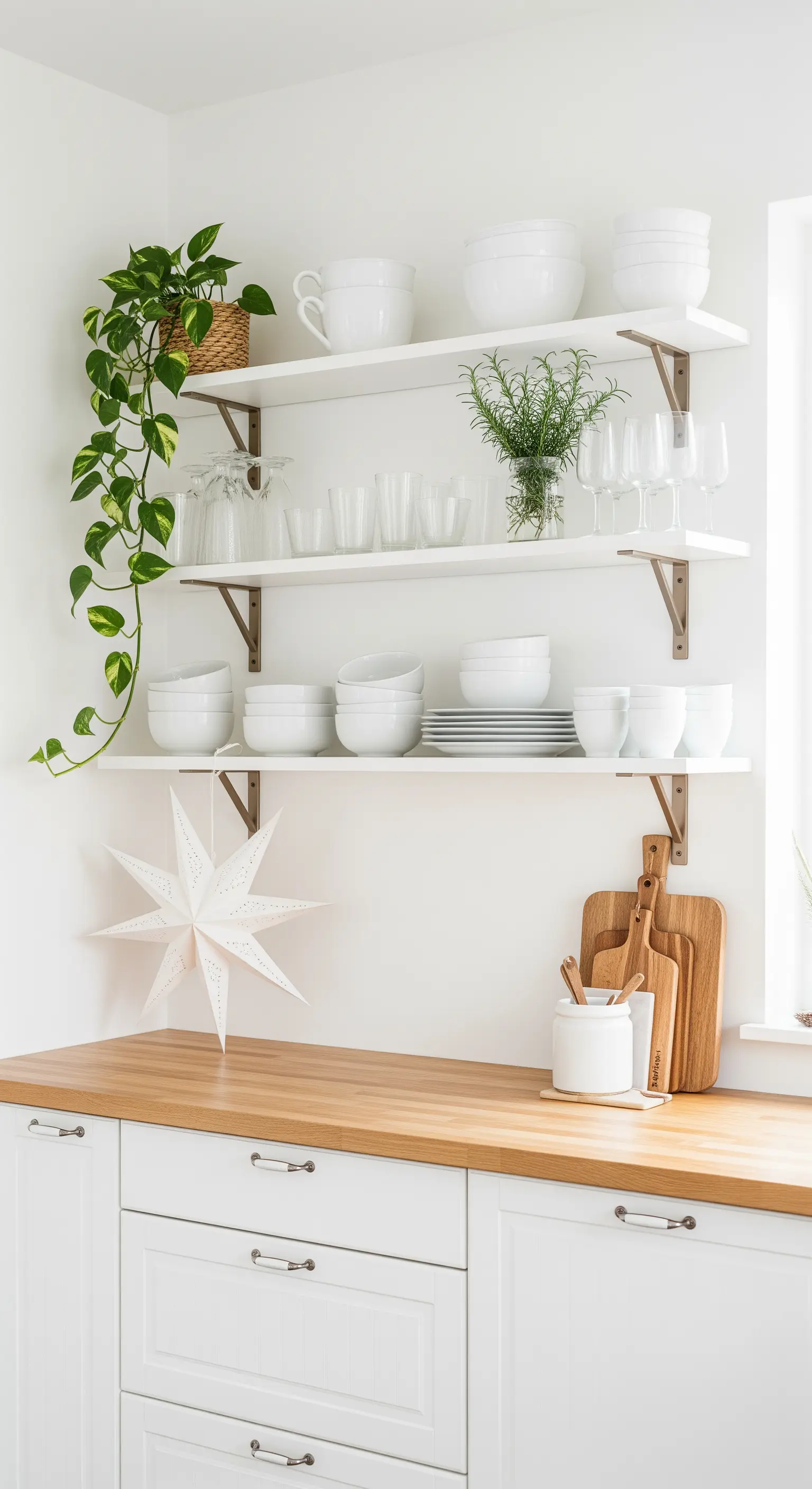 Helle Küche mit offenen Regalen, weißem Geschirr und einem hängenden Papierstern.