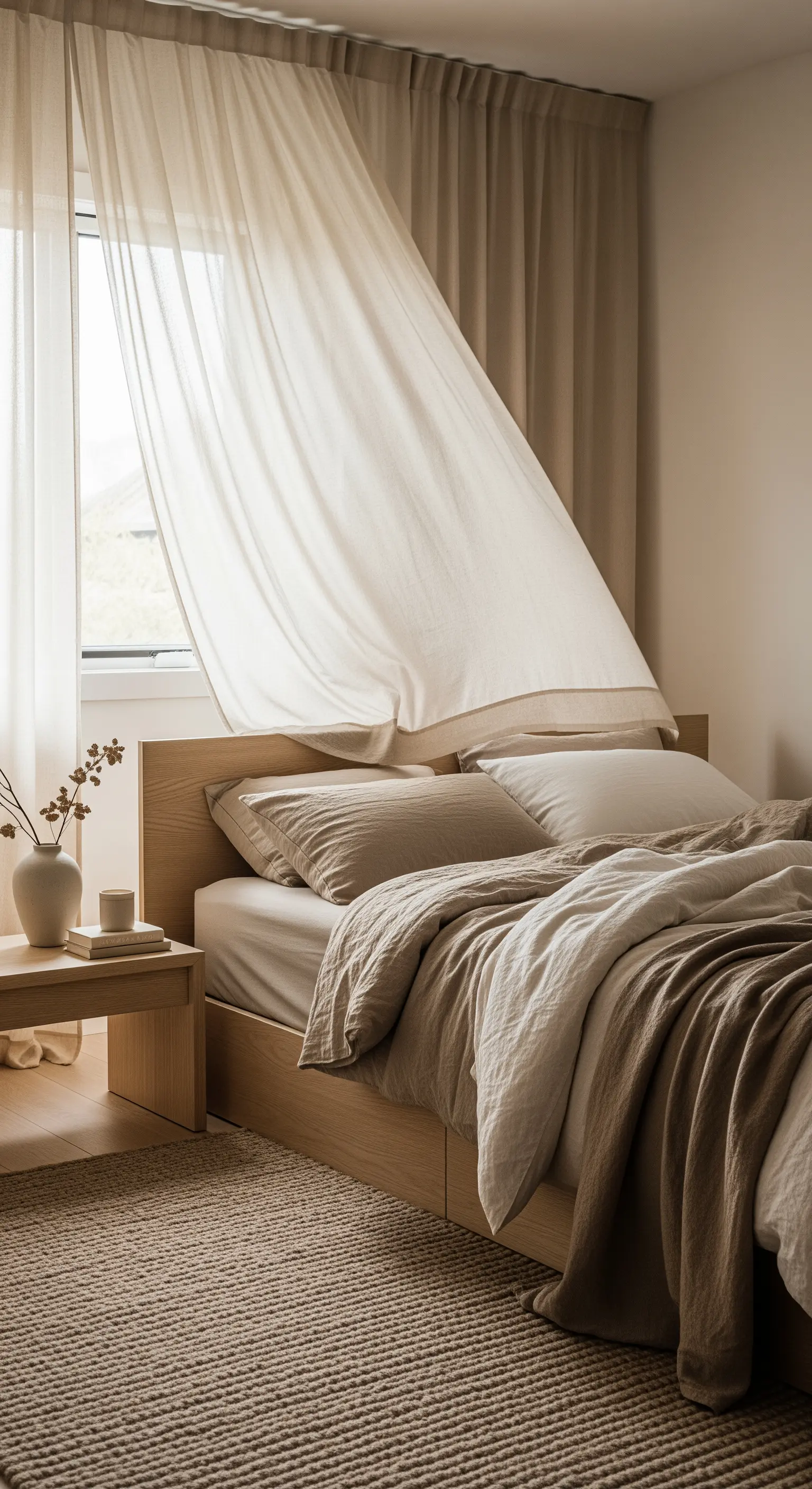 Helle Leinen-Vorhänge wehen im Wind vor dem Bett in einem beigen Schlafzimmer.