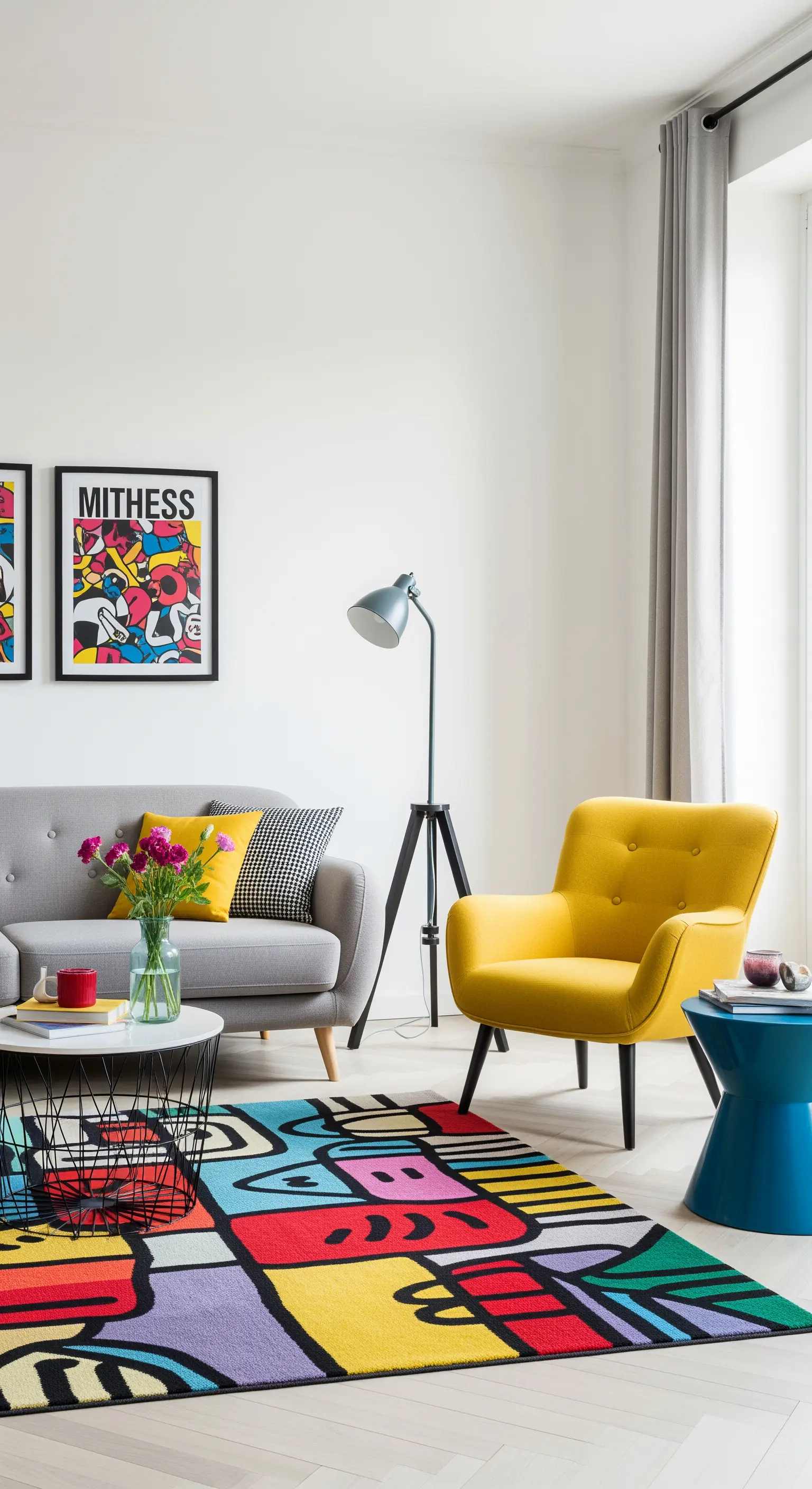 Wohnzimmer mit einem bunten Pop-Art-Teppich, einem grauen Sofa und einem leuchtend gelben Sessel.
