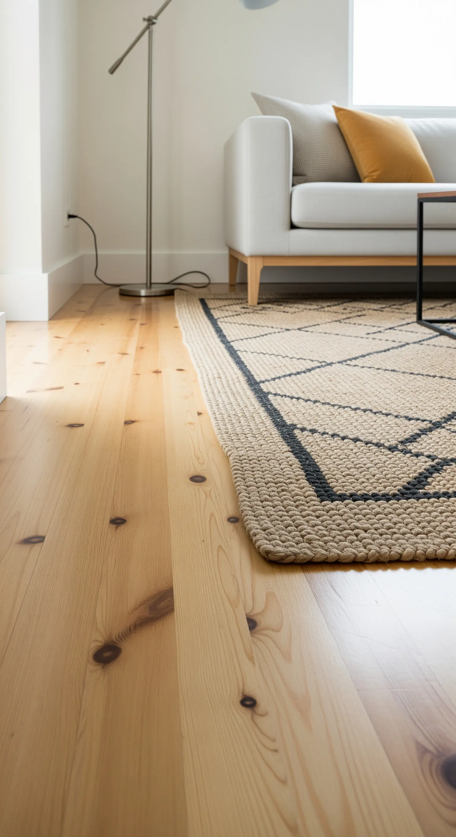 Jute-Teppich mit schwarzem geometrischem Muster auf hellem Holzboden.