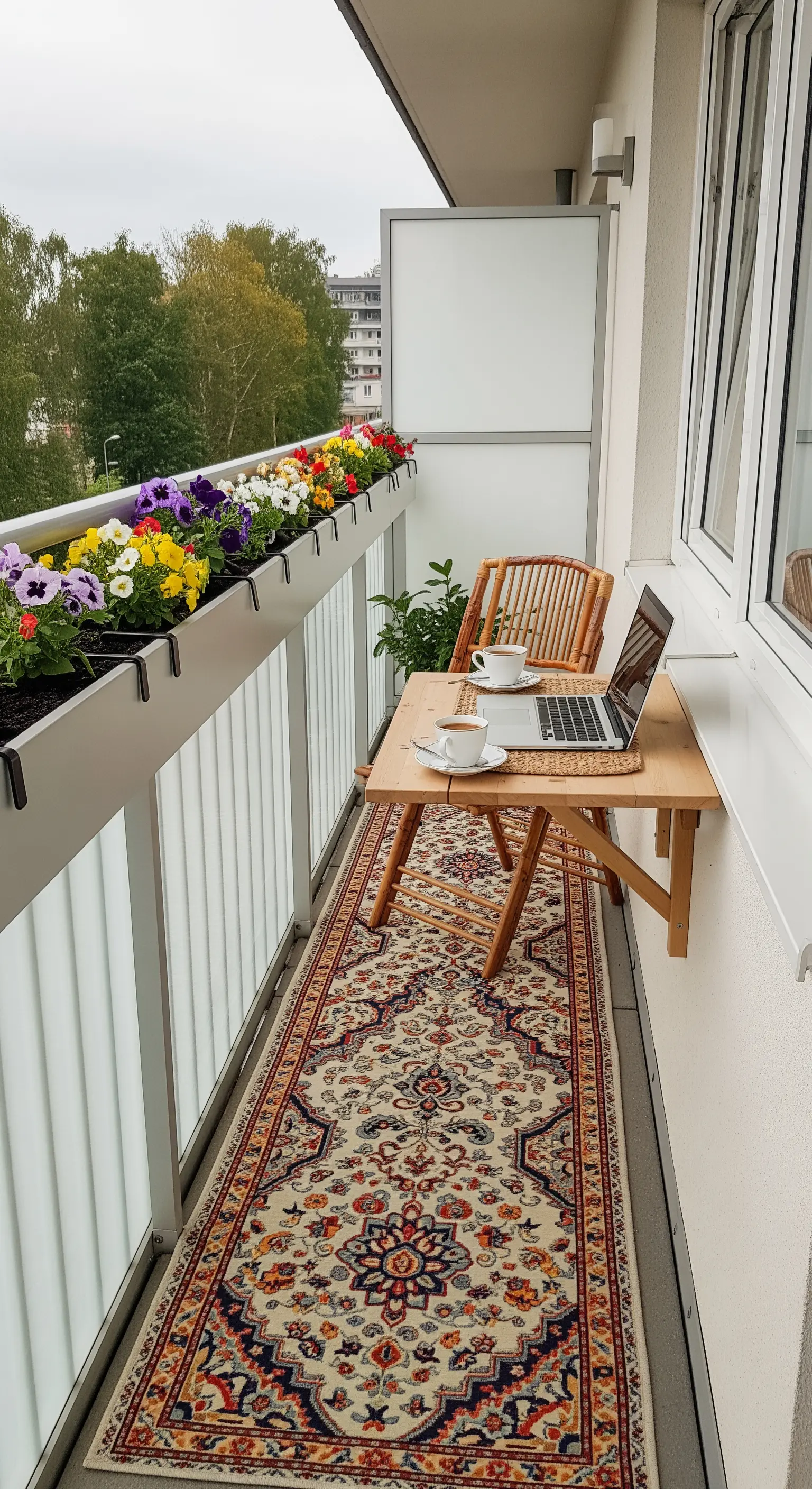 Schmaler Balkon mit einem langen Perserteppich und einem klappbaren Holztisch.