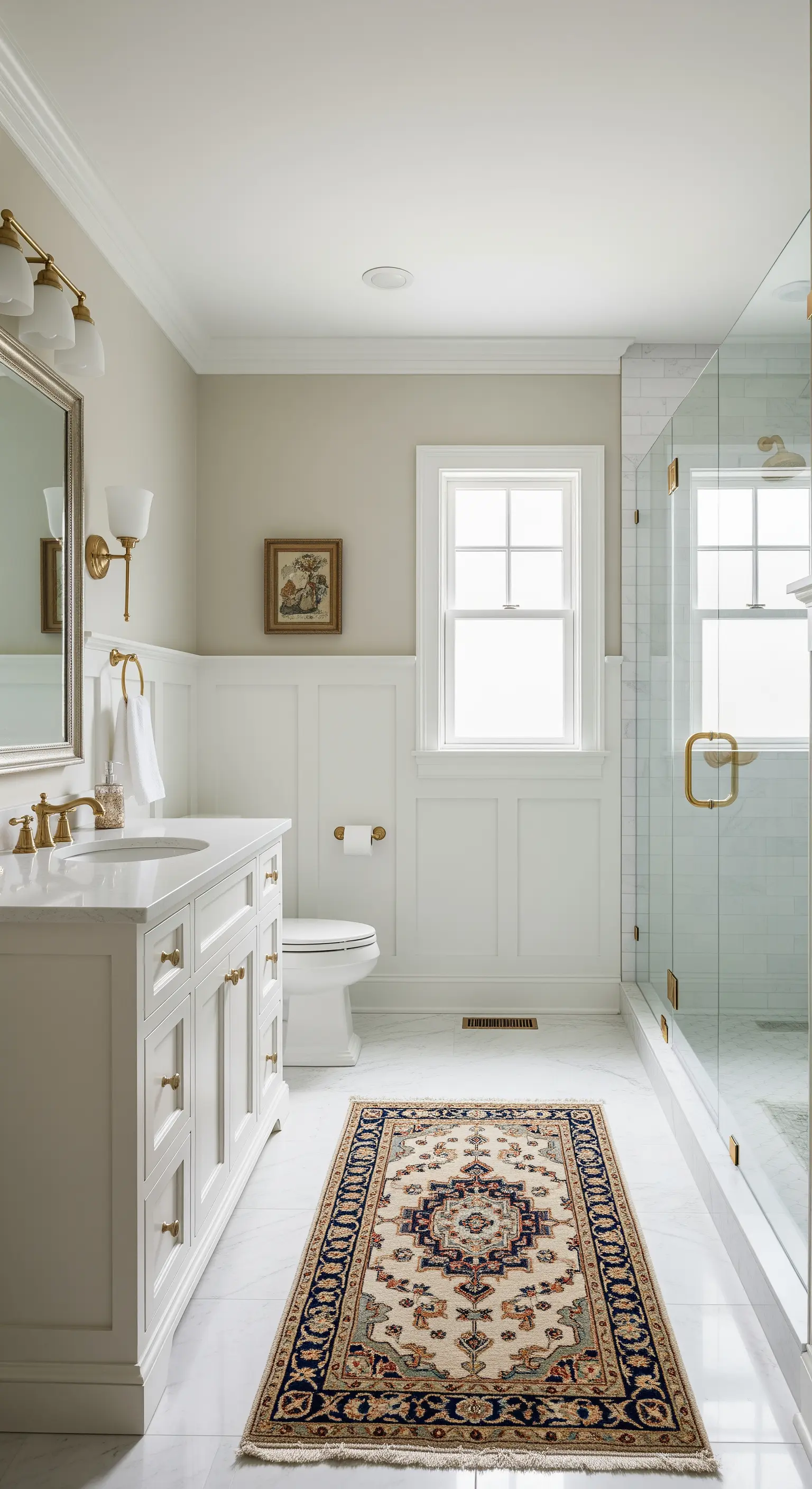 Klassisches Badezimmer mit weißer Wandverkleidung und einem orientalischen Läufer auf dem Boden.