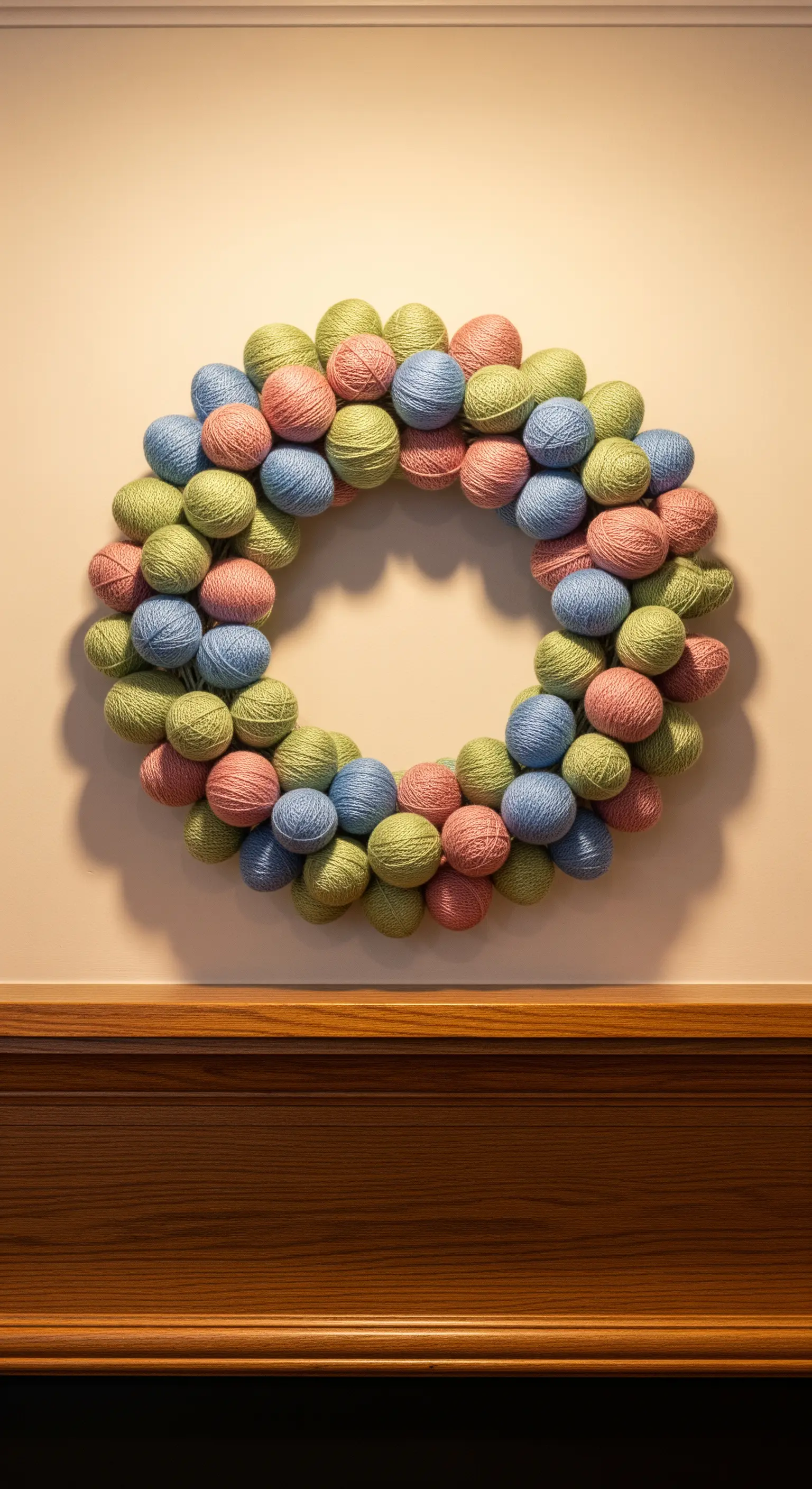 DIY-Kranz aus pastellfarbenen Wollkugeln über einem Holzkamin.