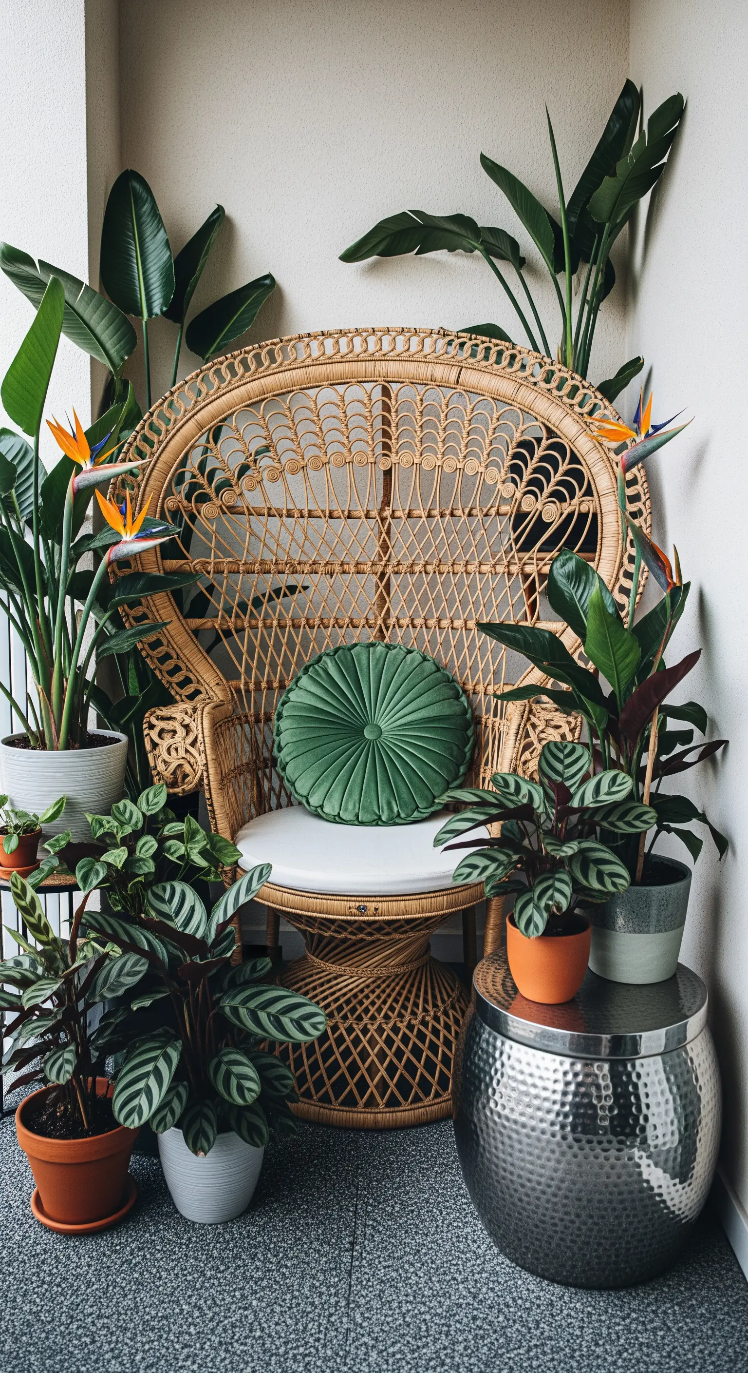 Ein Peacock Chair aus Rattan, umgeben von großen grünen Zimmerpflanzen.