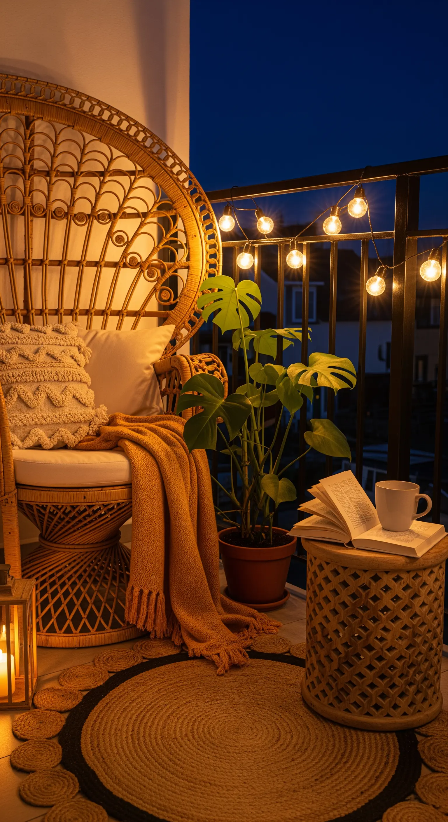Boho-Balkon bei Nacht mit Rattan-Sessel, Lichterkette und Jute-Teppich