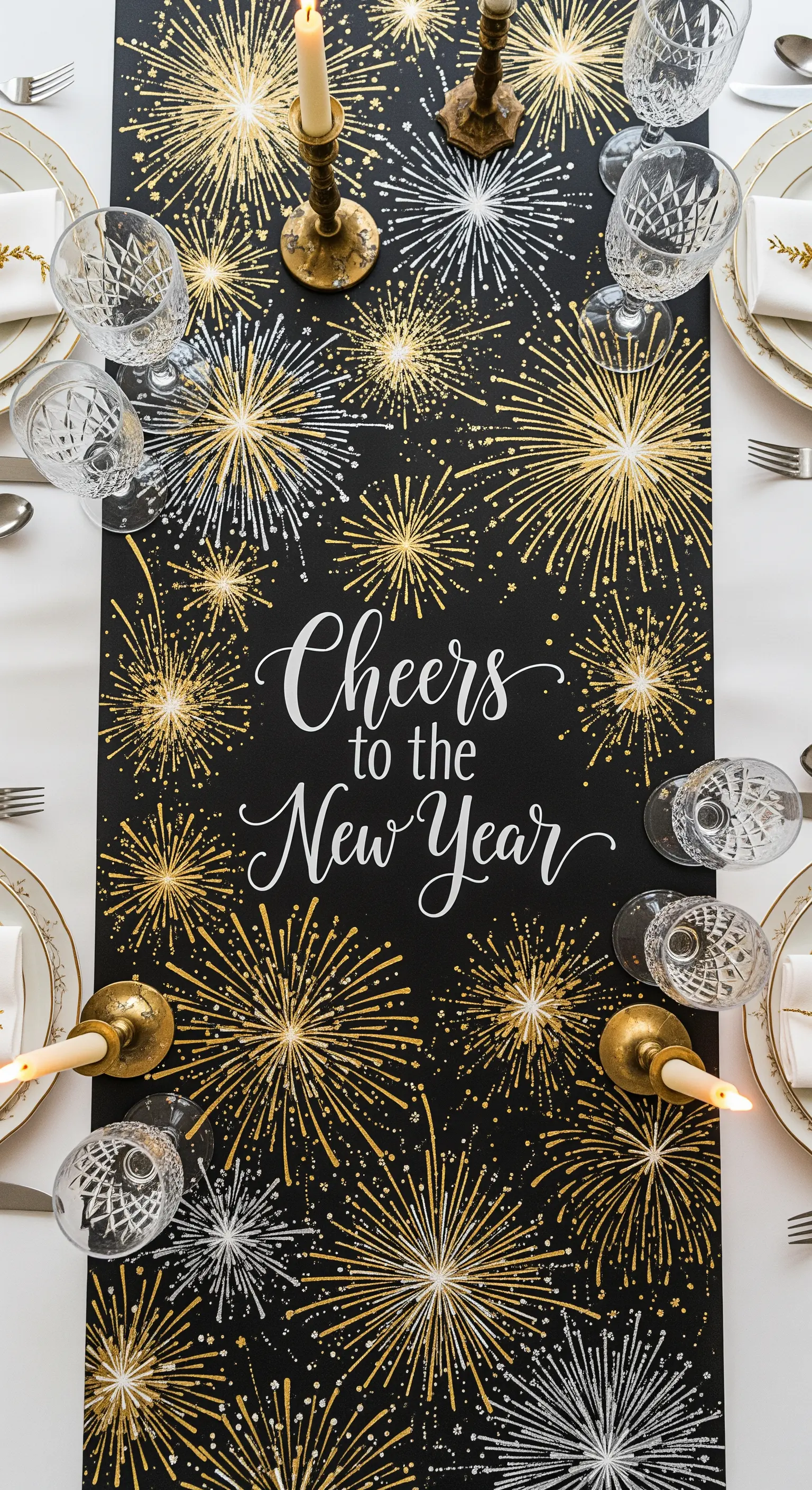 DIY-Tischläufer aus schwarzem Papier mit aufgemaltem Feuerwerk in Gold und Weiß.