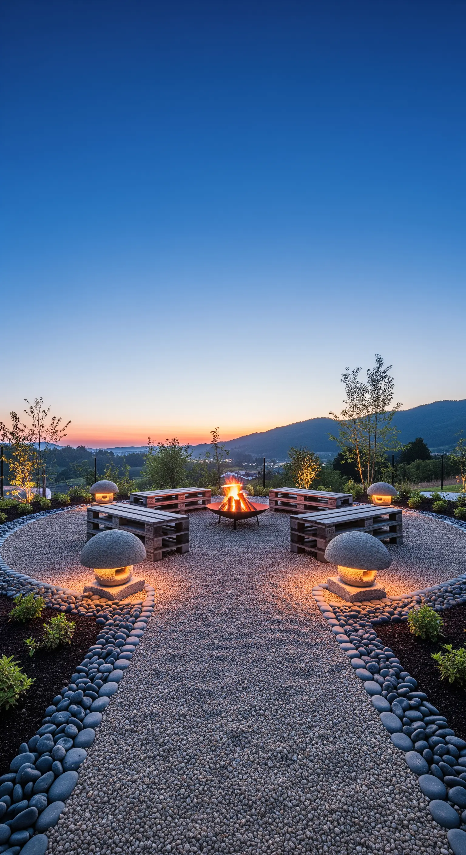 Runder Kiesplatz mit einer Feuerstelle in der Mitte und leuchtenden, runden Steinlaternen am Rand.